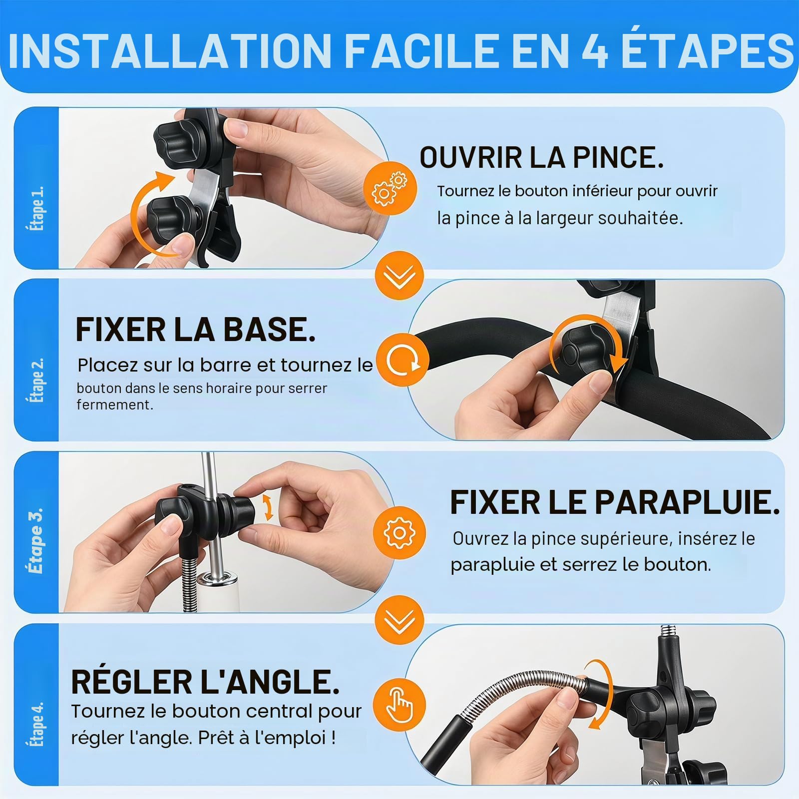 Support de parapluie pour poussette, support de parapluie réglable pour déambulateur, accessoire de parasol universel pour poussette, chaise de plage, vélo, chariot de golf, chaise de camping