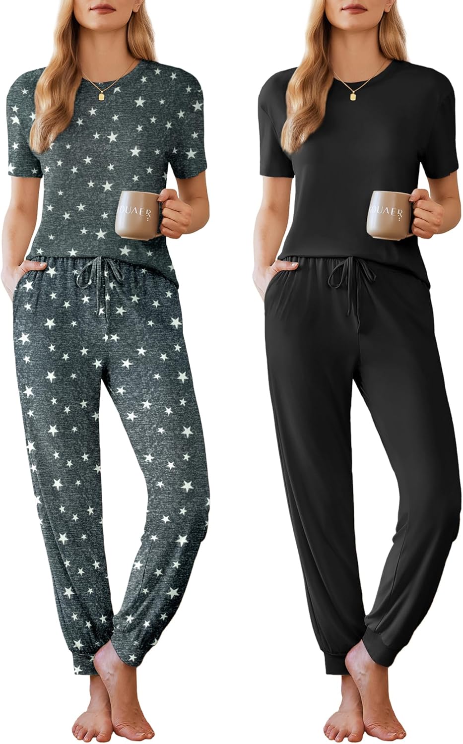 Ekouaer 2 Pack Womens Pajama Sets Short Sleeve Tops Jogger Pants Lounge Sets Soft Loungewear Printed Pj with Pockets
