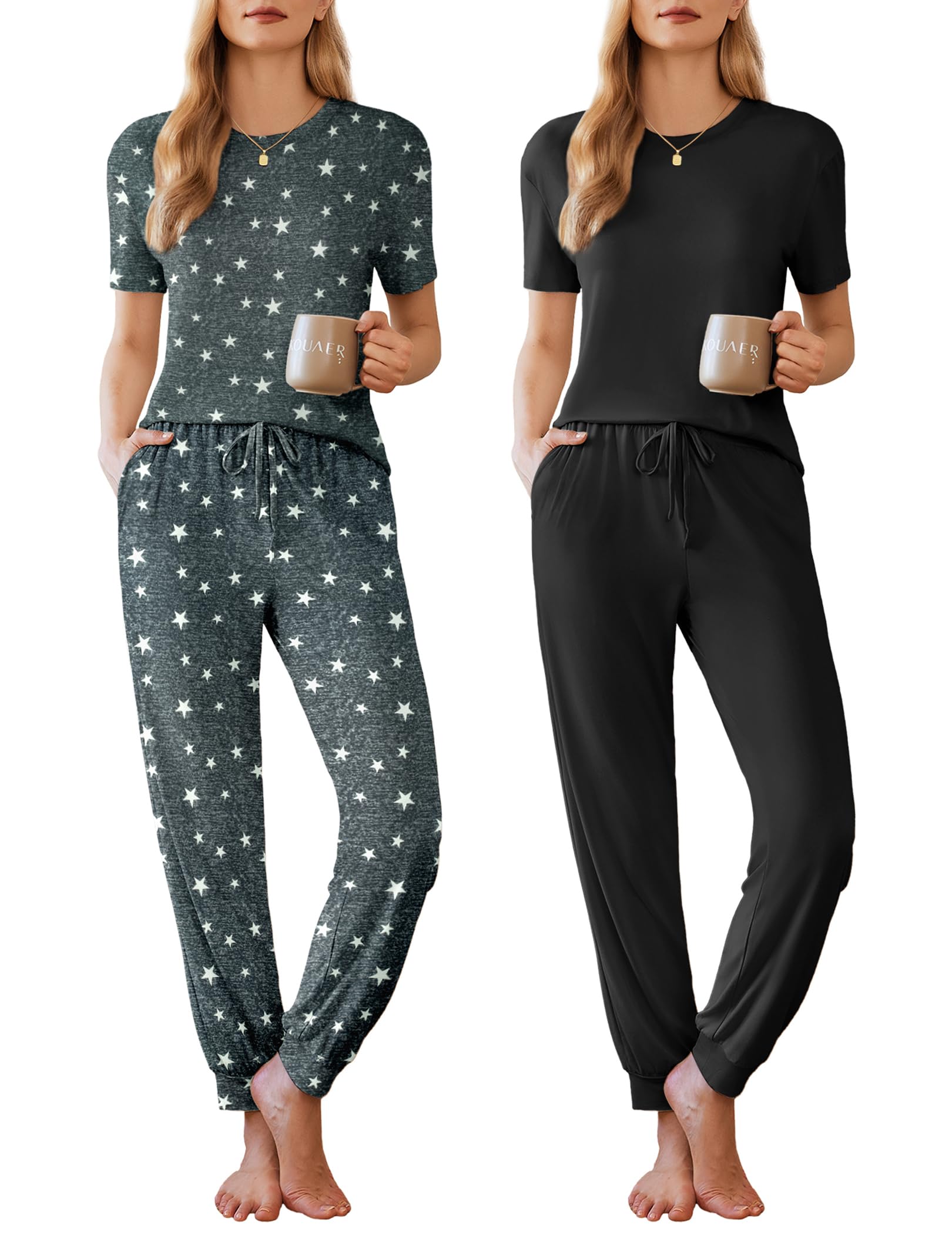 Ekouaer Pajamas for Women Set 2 Pack Lounge Set Short Sleeve Pjs Joggers Long Pants Loungepwear with Pockets