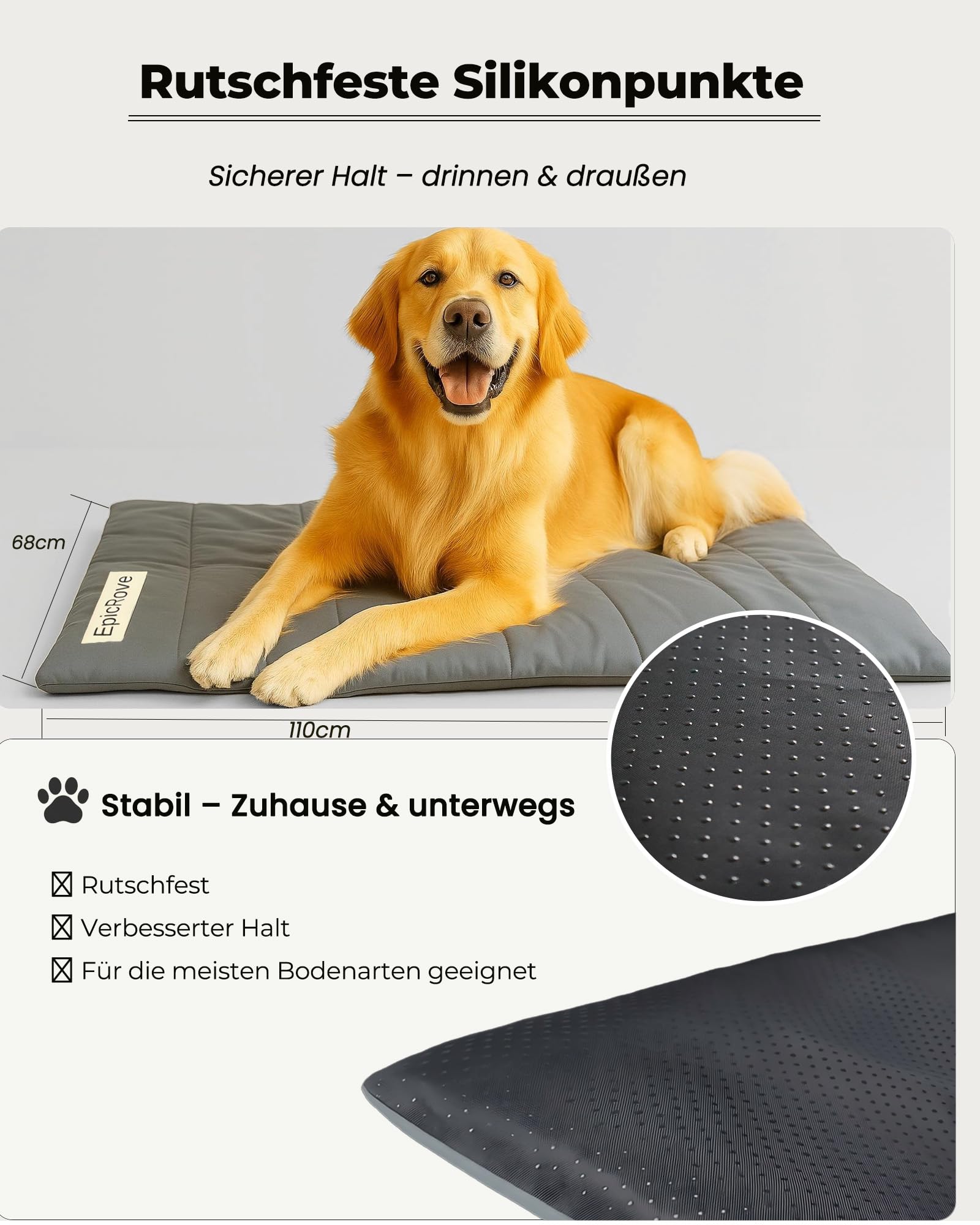 Hundedecke für unterwegs wasserdicht – rutschfeste Hundematte 110×68 cm, waschbar Hundebett – Outdoor, Reise & Auto‑Kofferraum Komfortkissen für Hunde & Katzen (Grau)