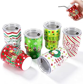 6 Pack 3 oz Christmas Shot Glasses Mini Tumblers with Straw and Lid
