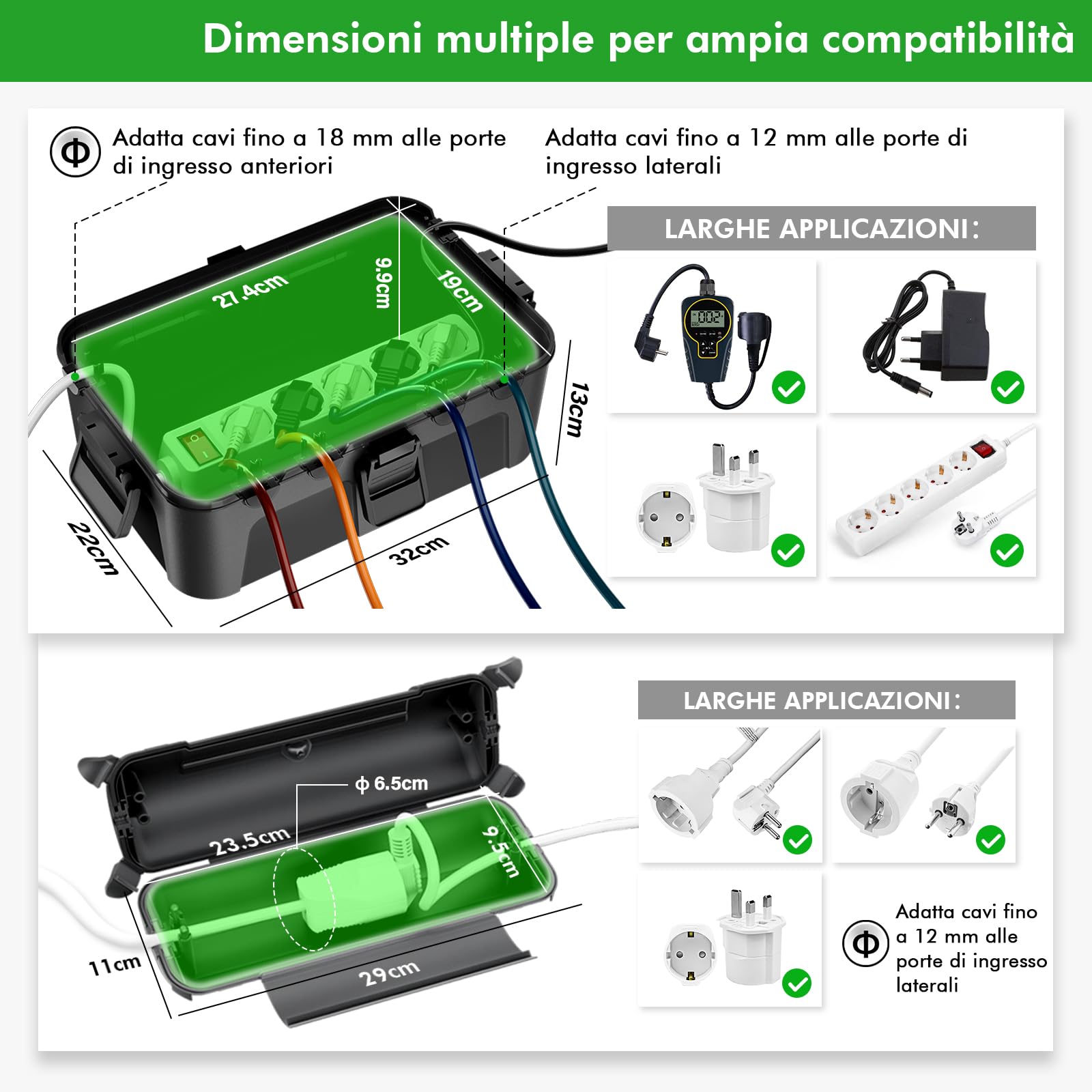 RESTMO Scatola di Protezione Stagna IP44 (290x110x75 mm) – Resistente alle Intemperie, Impermeabile per Prolunghe, Decorazioni per Vacanze e Utensili Elettrici in Plastica, Nero