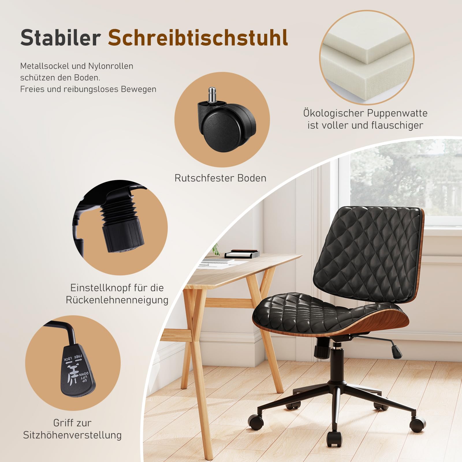 Bürostuhl Schwarz mit Stabiler Holzstützung, Schreibtischstuhl ohne Armlehne, Drehstuhl Büro mit Rollen, Hochwertiger Bürostuhl Leder Optik, Drehsessel für Home Office & Arbeitszimmer