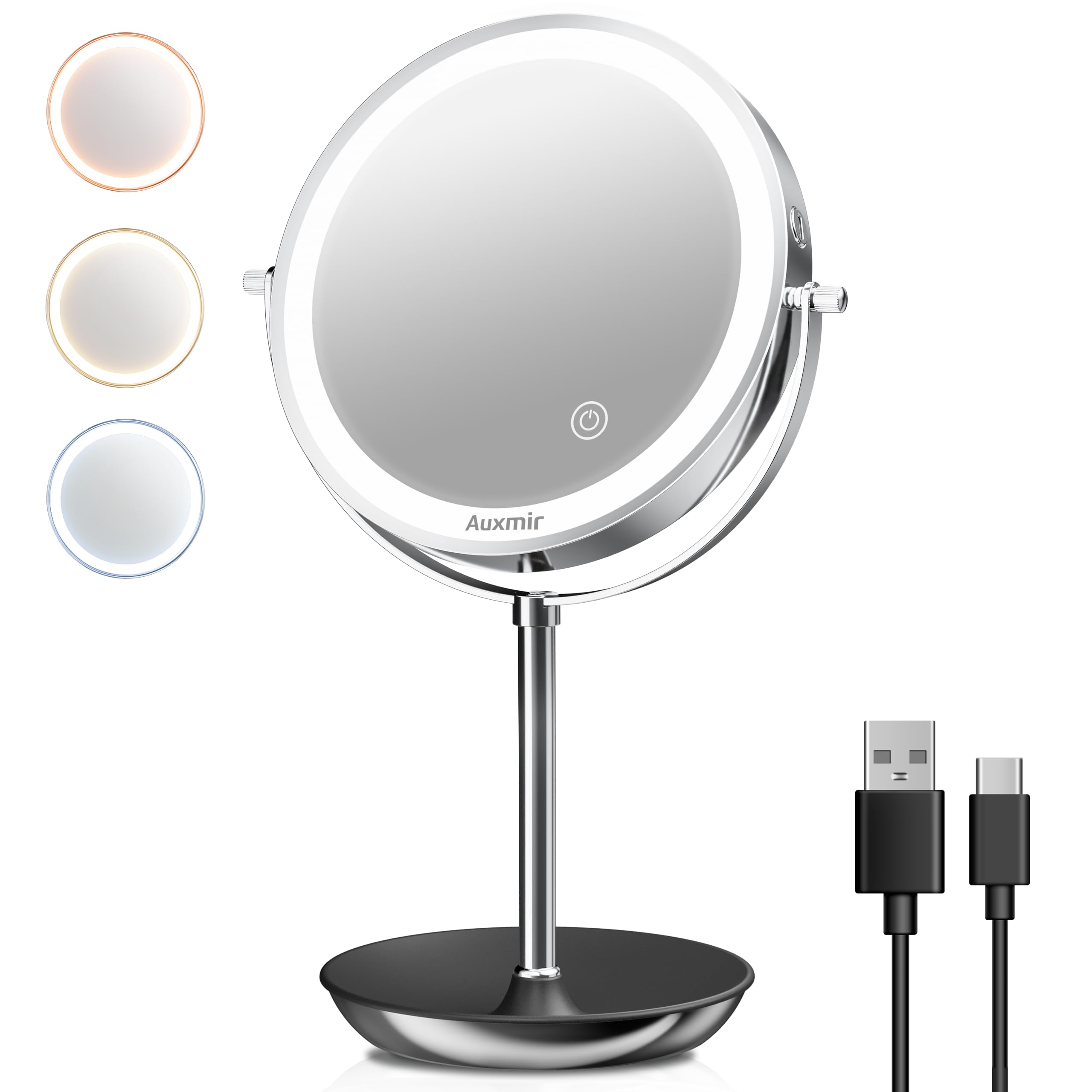 Auxmir Espejo Maquillaje con Luz, Aumento 1X / 10X, Espejo Sobremesa Recargable USB 1800mAh, Giratorio 360°, 3 Colores y Brillo Ajustable, para Baño Tocador Afeitar Depilar, Plata