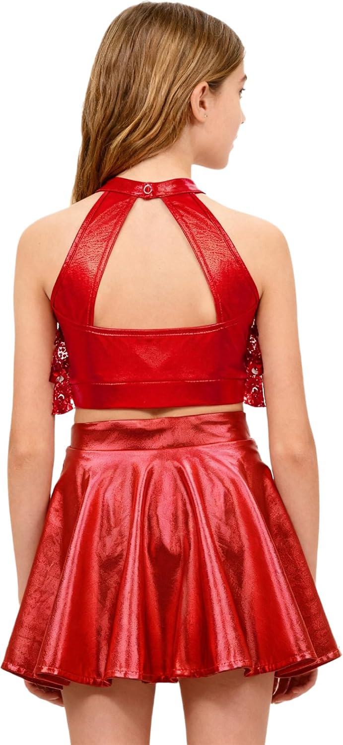 Jugaoge 2 Piece Dance Outfit For Girls Metallic Sequins Crop Top With Skirt Set Jazz Latin Ballroom Red 16 Years