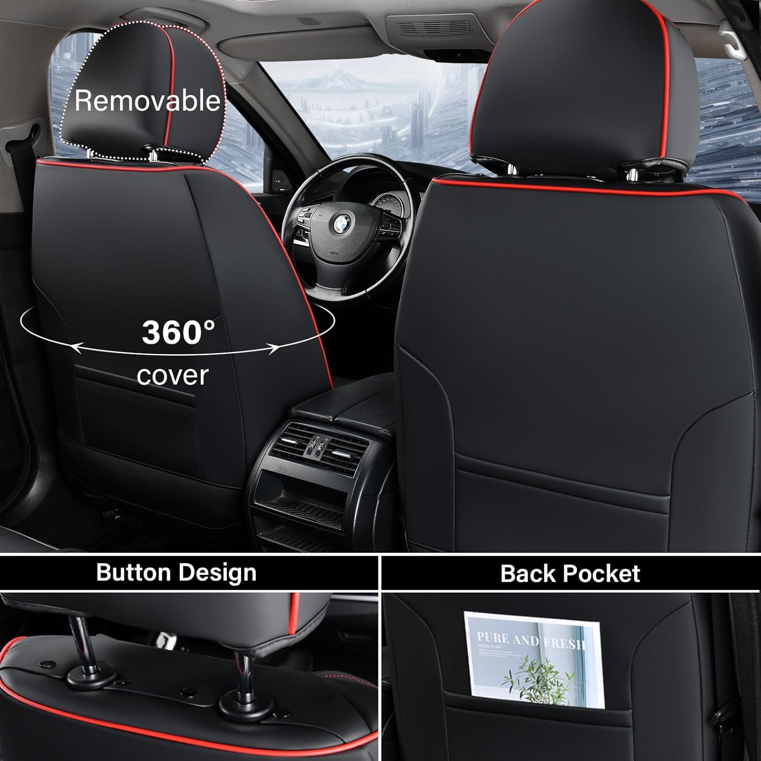 Coverado Seat Covers, Car Seat Covers Front Seats, Car Seat Cover, Car Seat Protector Waterproof, Car Seat Cushion Nappa Leather, Black Seat Covers Carseat Cover Universal Fit for Most Cars