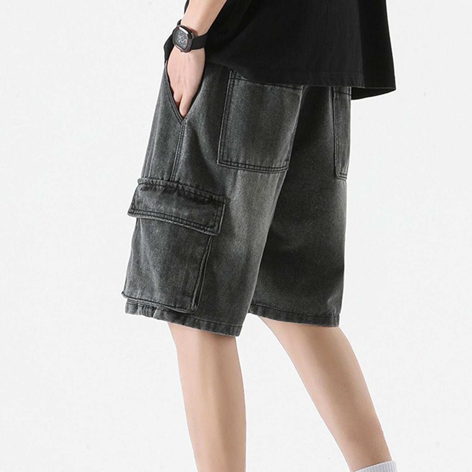 Men's Side Pockets Drawstring Denim Shorts Elastic Waist Cargo Straight Jean Shorts Wash Short Wide Leg Jeans