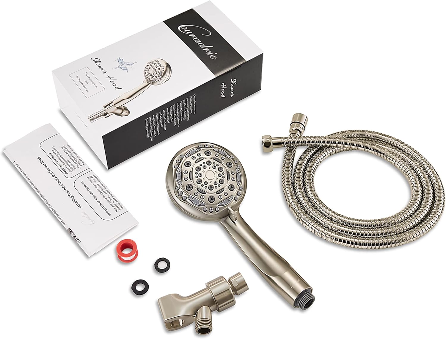 Handheld Shower Head, 7-Function High Pressure Shower Head with Brass Swivel Ball Bracket and Extra Long Stainless Steel Hose, Brushed Nickel, 4"