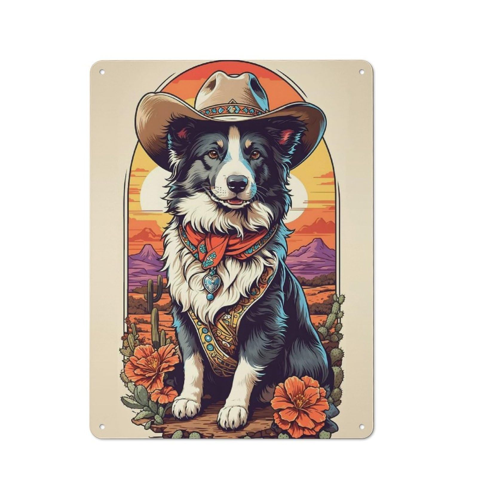 Junmoney Border Collie Cowboy Printed Metal Sign 40X30cm For Kitchen Or Home Bar, For Kitchen Decor Lovers, For Retro Home Interiors