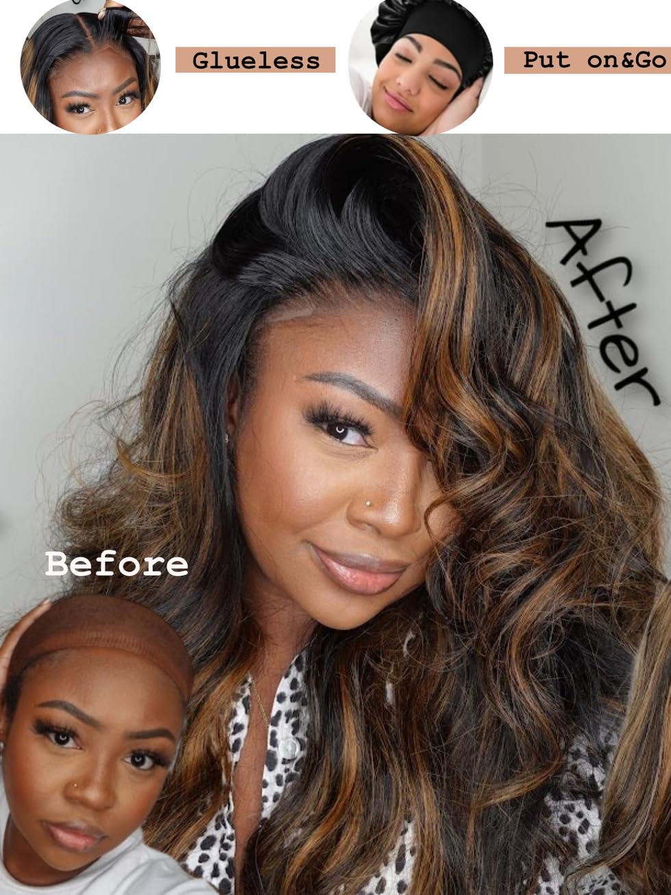 UNICE Balayage Highlight Body Wave 7x5 Lace Front Wigs Human Hair with Drawstring Bye Bye Knots Glueless Wig Human Hair Pre Plucked Pre Cut Put on and Go 150% Density 16 inch