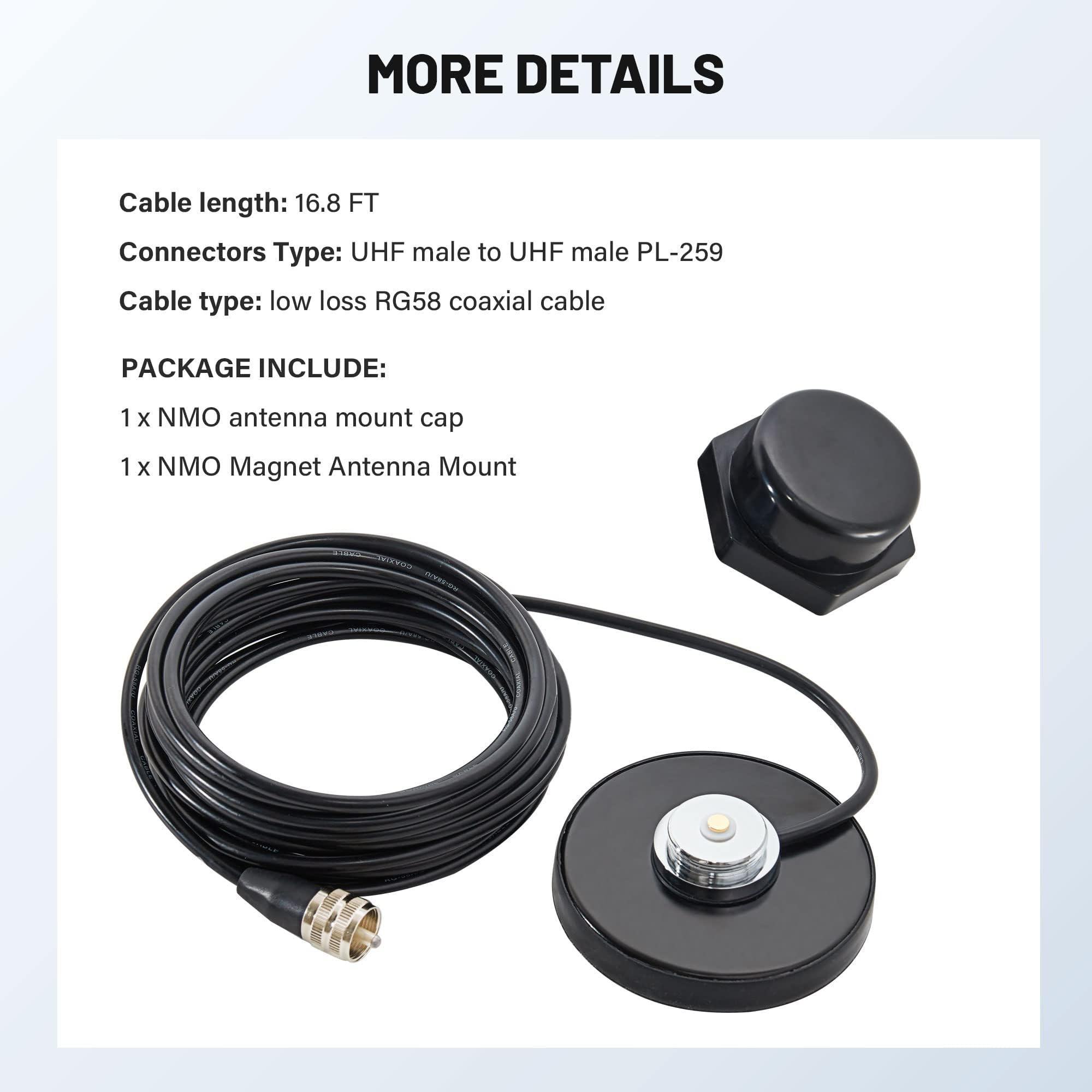 Anina NMO Antena magnética de montaje en base de 16.4 pies RG58 cable coaxial PL-259 enchufe con tapa de montaje de antena NMO para radio CB Ham camión, radio marina VHF