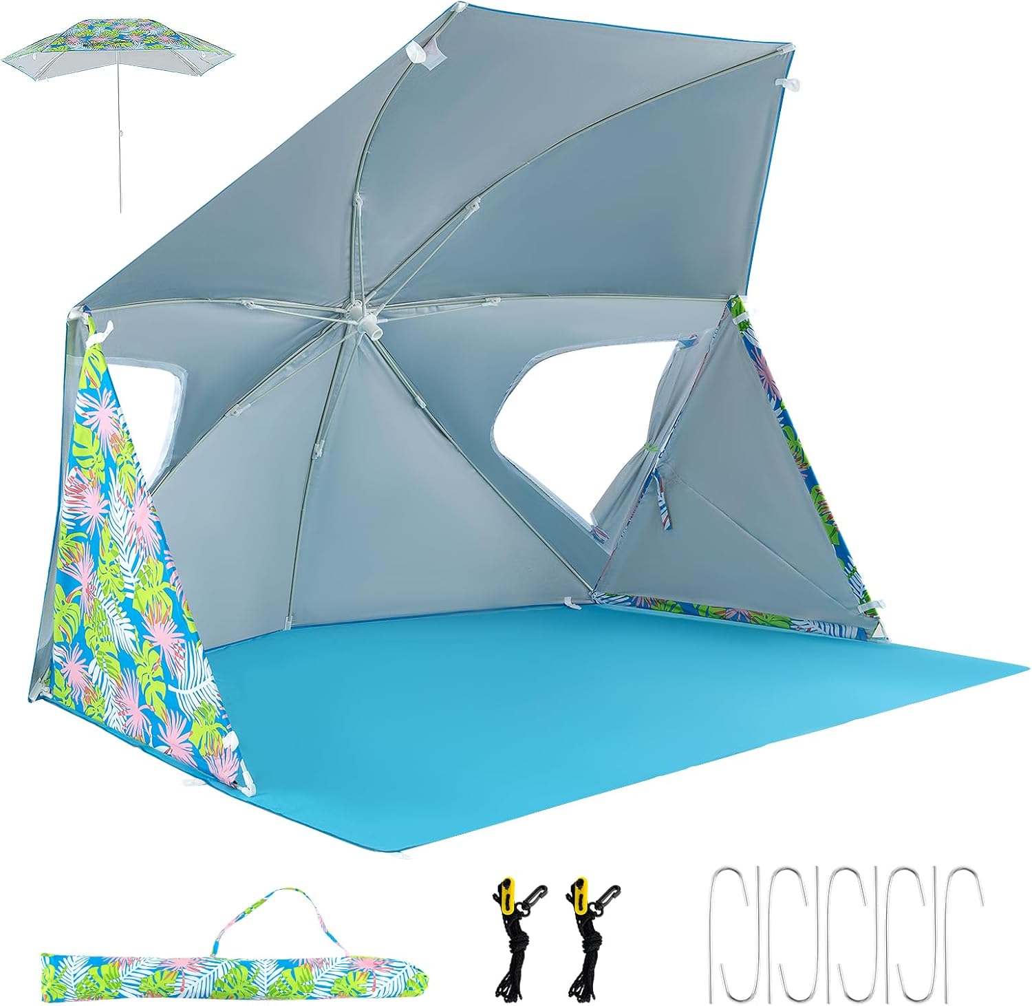 GYMAX Beach Umbrella Tent, 2-in-1 Pop up Beach Tent UPF50+ with Carrying Bag, Groundsheet, Side Panels, Sun Shelter for Outdoor Camping