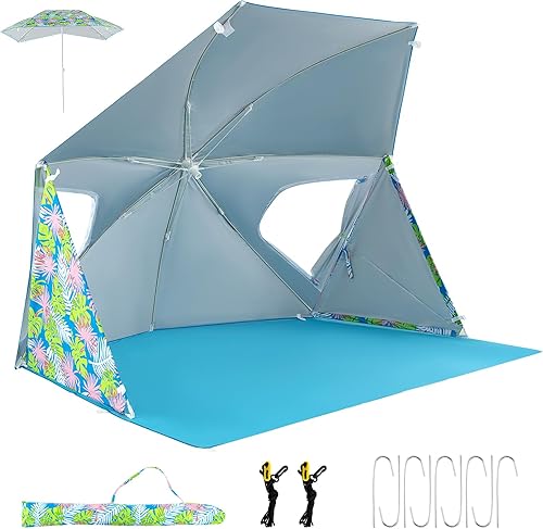 GYMAX Tienda de campaña para sombrilla de playa, 2 en 1, UPF50+, con bolsa de transporte, hoja de tierra, paneles laterales, refugio solar para