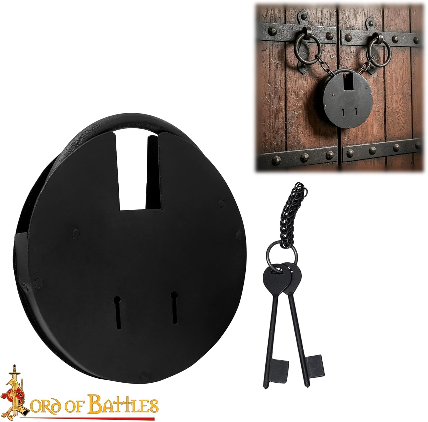 Ancient Dungeon Hand - Forged Iron Padlock with 2 Functional Keys | Large Heavy Duty 8 - inch Black Antique Lock | Vintage Medieval Chest, Gate, Door & Trunk Padlock for Home, Decor