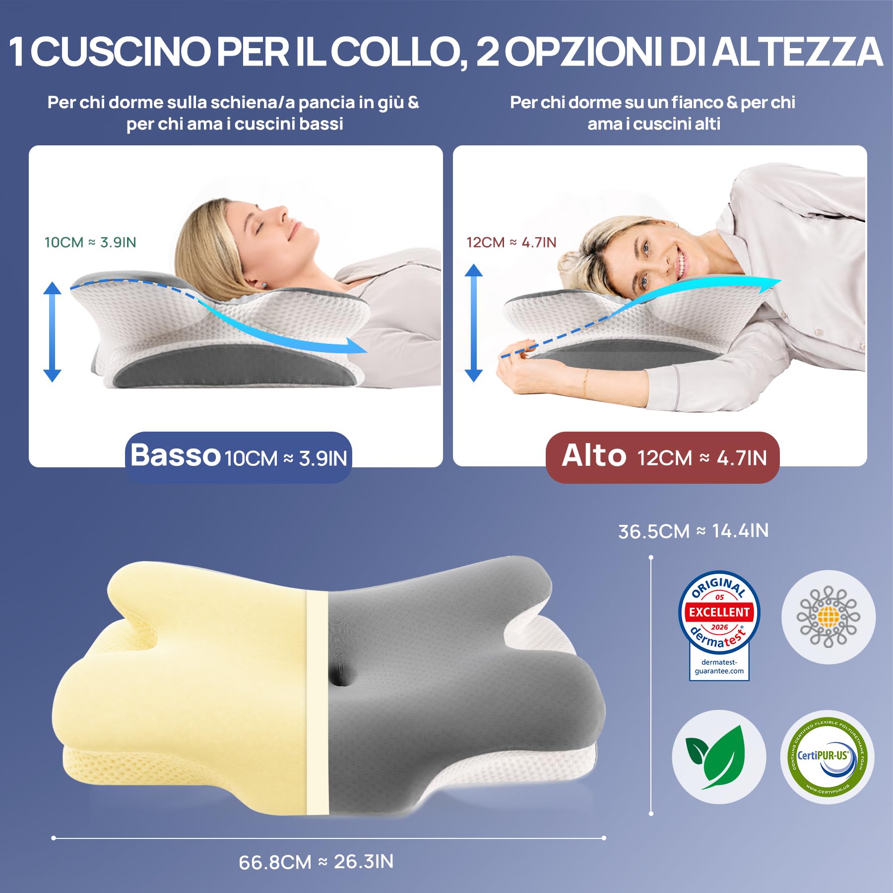 MULISOFT Cuscino Cervicale per Dormire, Cuscino Ergonomico in Memory Foam, 2 in 1 Cuscino a Farfalla Ideale per ogni Posizione del Sonno, Federa Sfoderabile e Lavabile, 67×36×10/12 cm, P-105 Grigio