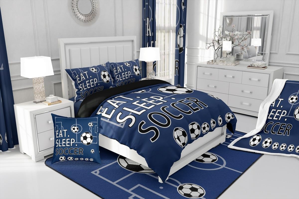 Feelyou Soccer Curtains Boys Girls Football Window Curtains for Bedroom Living Room for Kids Teens Toddler Navy Blue Window Drapes Soccer Ball Game Window Treatments 38W X 45L,2 Panels