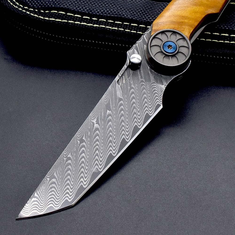 Taschenmesser slim klappmesser Damast 7.5cm VG10 Damaststahl Holzgriff Grün Stabilisiertes Holz Faltbar Edc tanto messer flipper Damaszener geschmiedet ‌einhandmesser mit lederscheide,Premium Eleganz