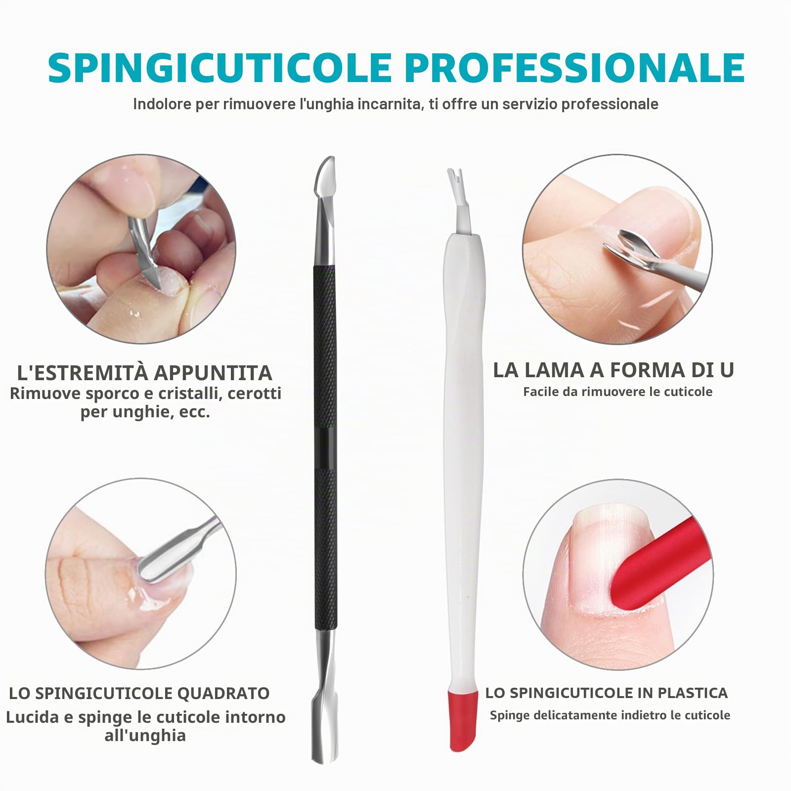 RONAVO Cuticola e Ricrescita Cuticole,4 in 1 Strumenti per Pedicure Manicure,con Forbicine per cuticole,Pelle Morta Remover Forchette, Spingi Cuticole a Doppia Testa,Nano Buffer Per Unghie in Vetro