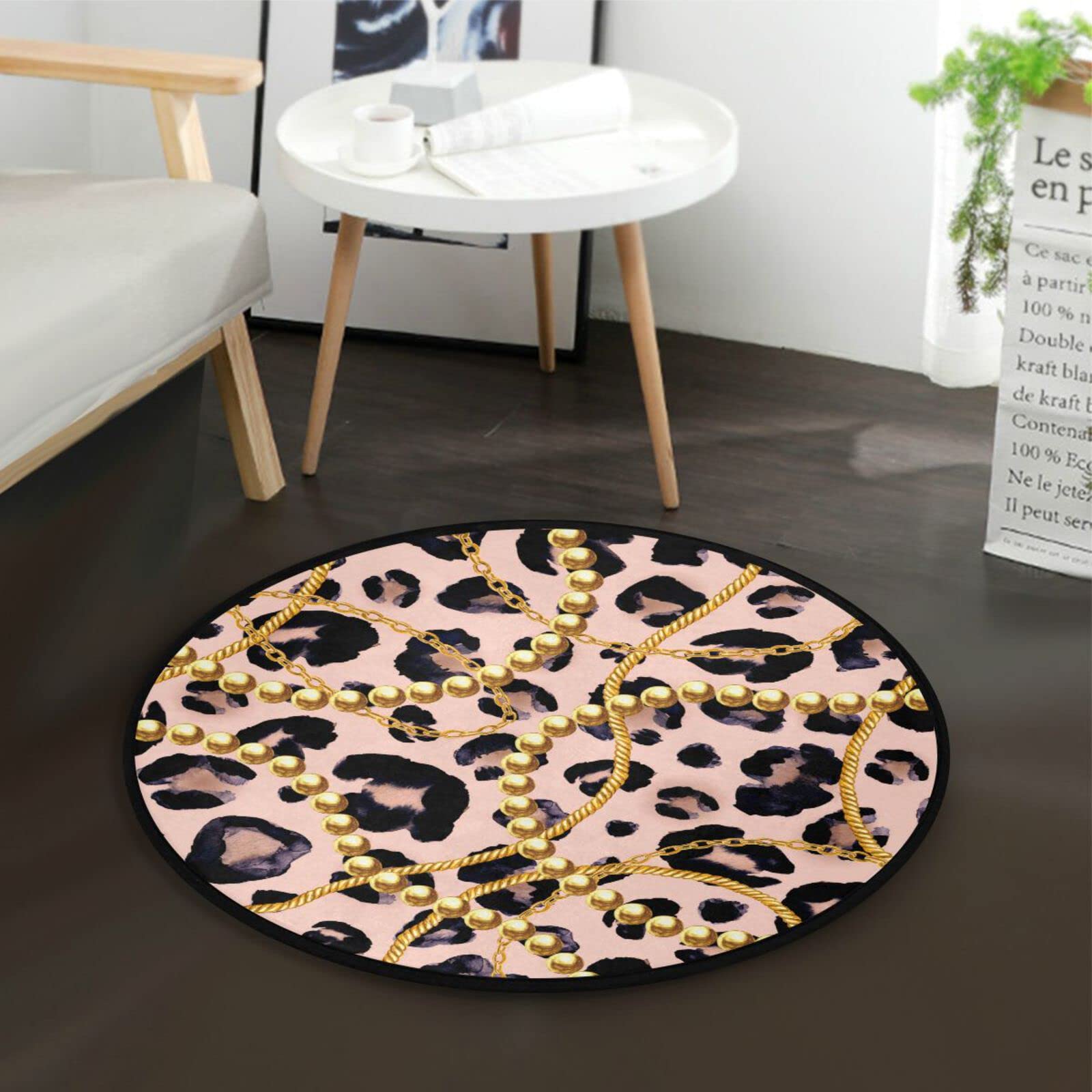 Golden Chain Pattern Area Rugs Round 3ft Washable Glamour Leopard Fur Doormat Soft Non Slip Absorbent Floor Mat Carpet Yoga Rug for Living Room Entryway Bedroom Home Decor