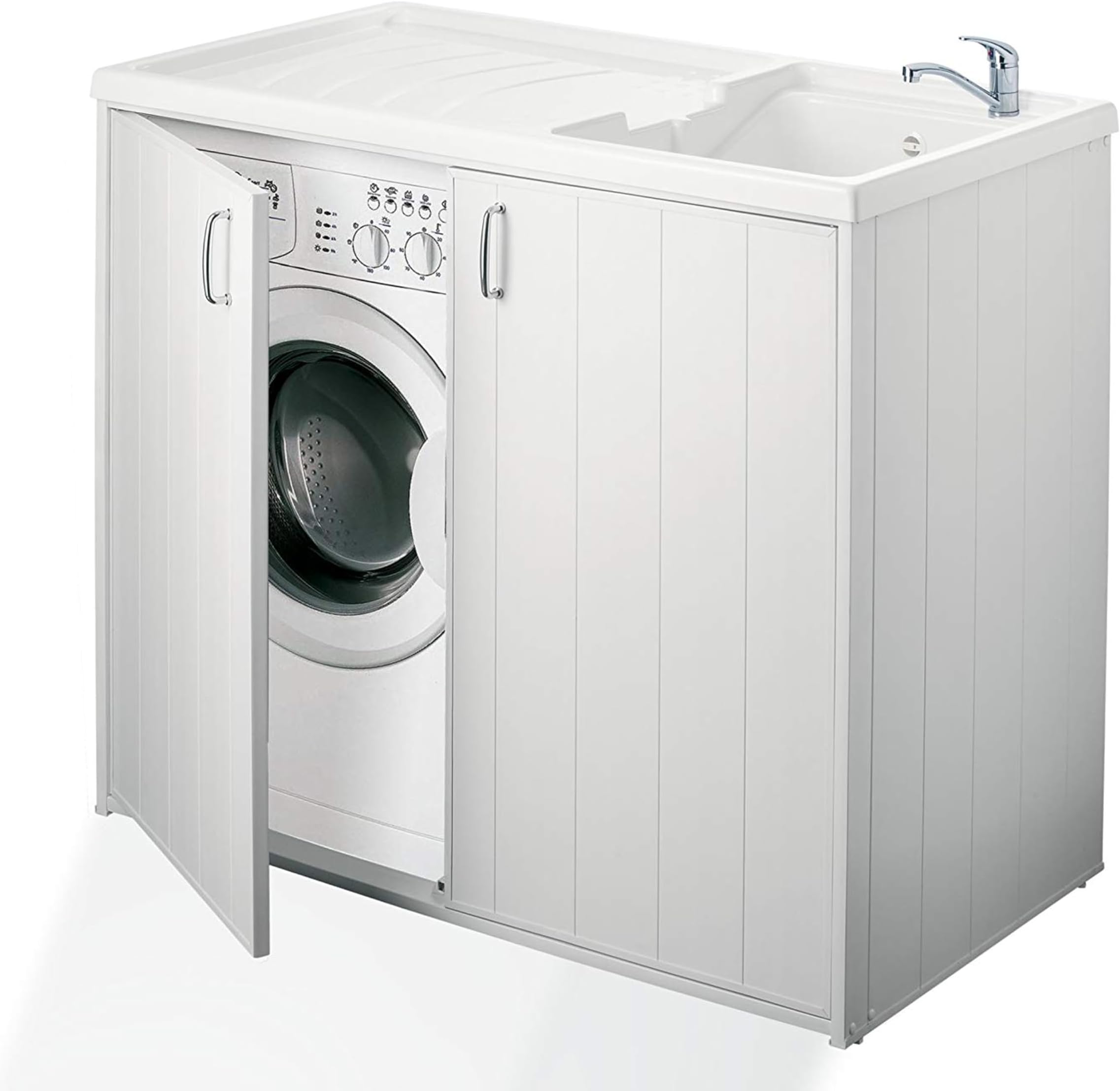 Negrari 6008SPPLK Reversible Washing Machine Cabinet and Sink, Resin, White, 109 x 60 x 94 cm