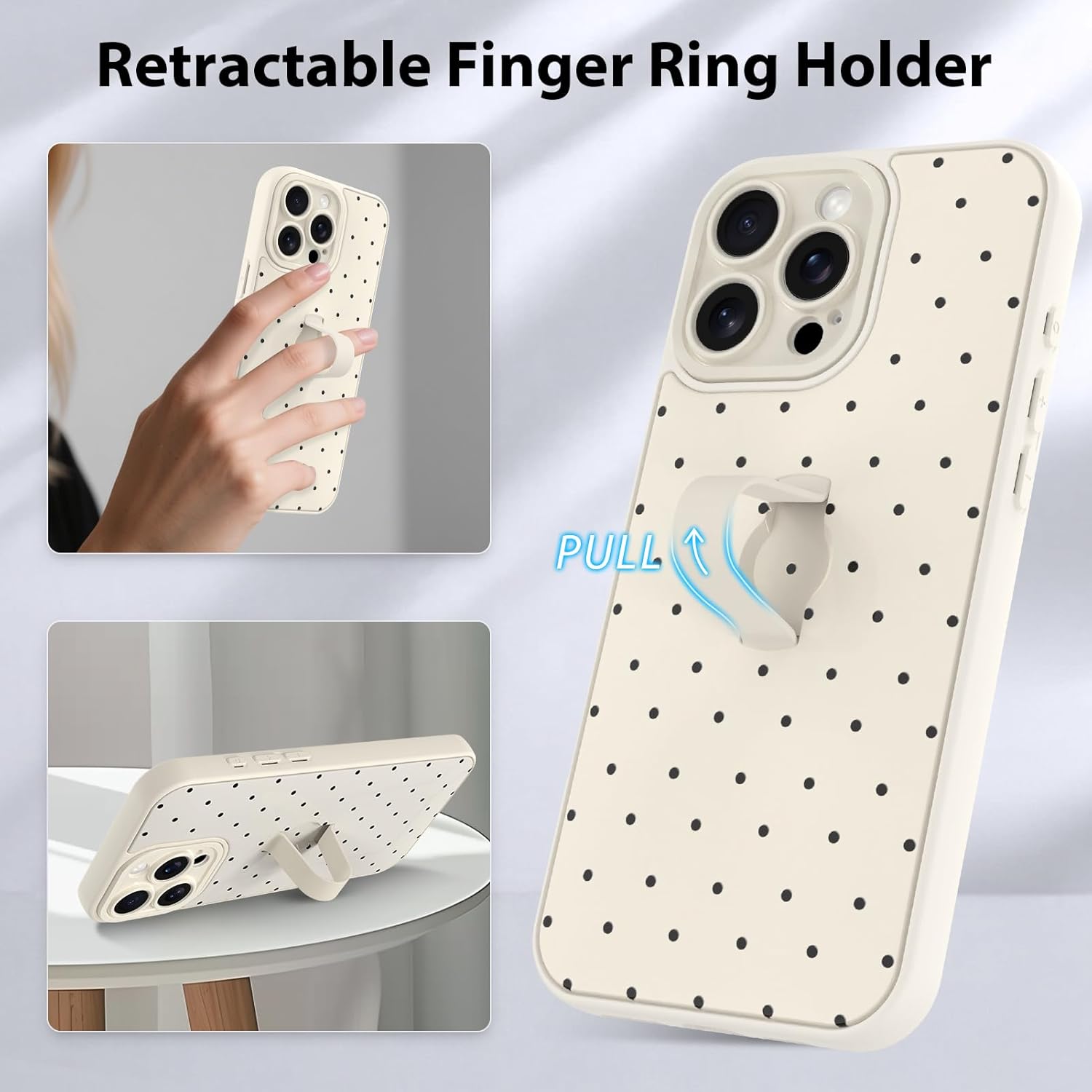 KANGHAR Compatible with iPhone 16 Pro Case, Silicone Spot Cute Pattern, Wristband Kickstand Camera Protection Soft Slim Cover for Girls Women -White - Image 6