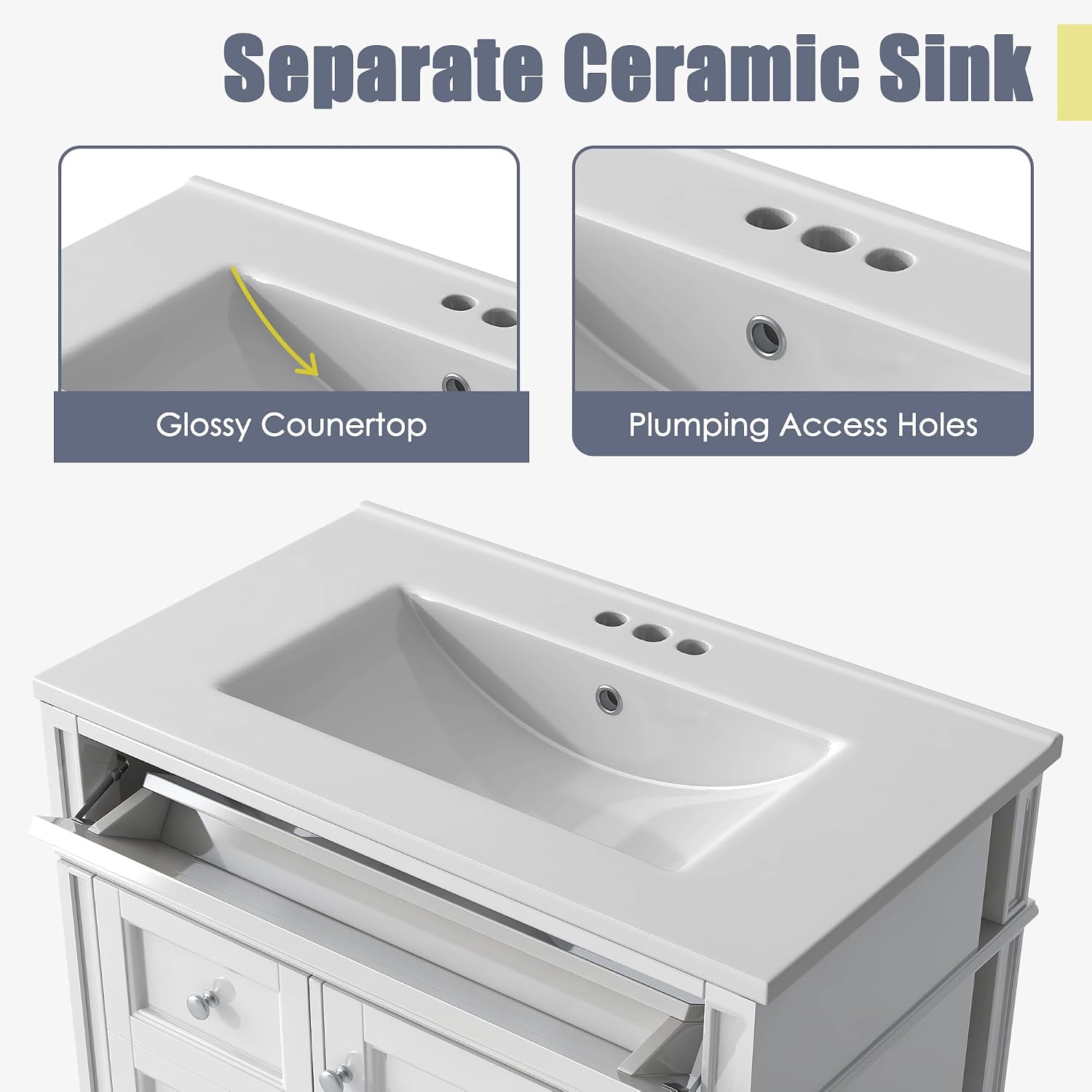Polibi 30 inch Bathroom Vanity Separate Ceramic Sink Details