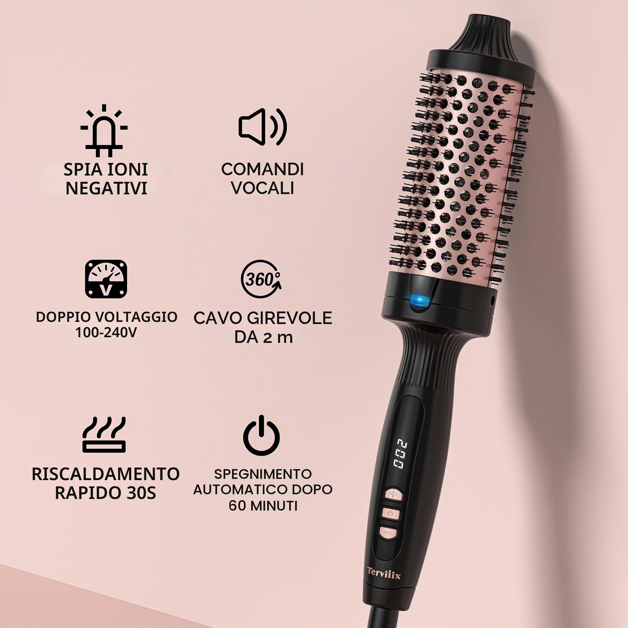 Ferro arricciacapelli Terviiix Thermal Brush, 45 mm, spazzola calda per capelli sciolti e voluminosi, spazzola in ceramica agli ioni di tormalina Hot Brush, display digitale 5 temperature, doppia