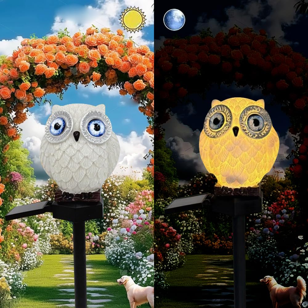 YZYOE Solar Powered White Blue Eyed owl Lights, Garden Decorative Resin Cute Animal Ground lamp, Wireless Dusk to Dawn LED Warm Lights Waterproof.