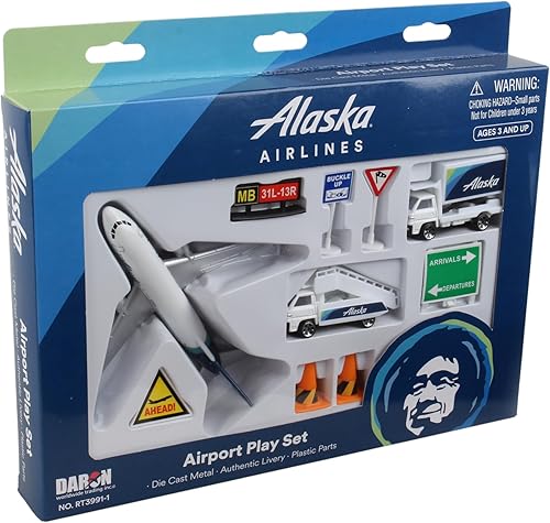 Miniatura 6 de Daron Alaska Airlines Airport Playset con modelo de avión de metal fundido a presión con piezas de plástico, autos y juguetes de transporte para