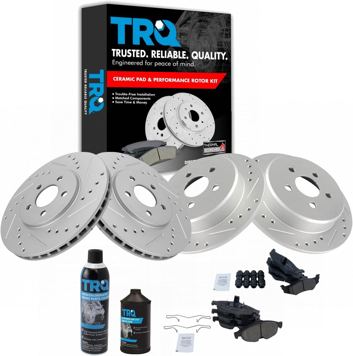 TRQ Front and Rear Performance Brake Pad & Rotor Kit Brake Chemical Kit Brake Pads Brake Rotors Set Ceramic Vented Premium G-Coated Compatible with 2001-2006 Chrysler Sebring 2001-2005 Dodge Stratus