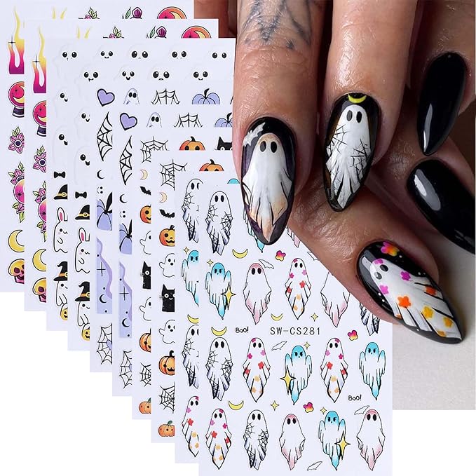 ONPRESS 10Sheet Halloween Nail Stickers Pumpkin Ghost Face Nail Decals 3D Self Adhesive Nail Supplies Spider Web Cat Bat Star Moon Skull Nail Art Stickers for Acrylic Nails for Women DIY Manicure