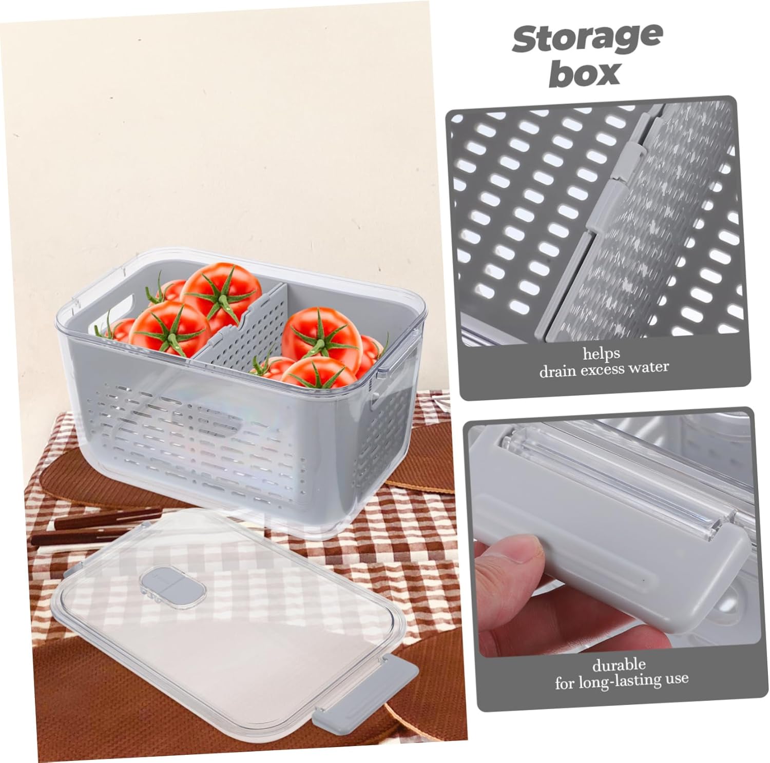 Divided Vegetable Drain Basket for Refrigerator Plastic Lettuce Keeper Multi-Use Salad Storage Container Lid for Fruit and Veggie Organization