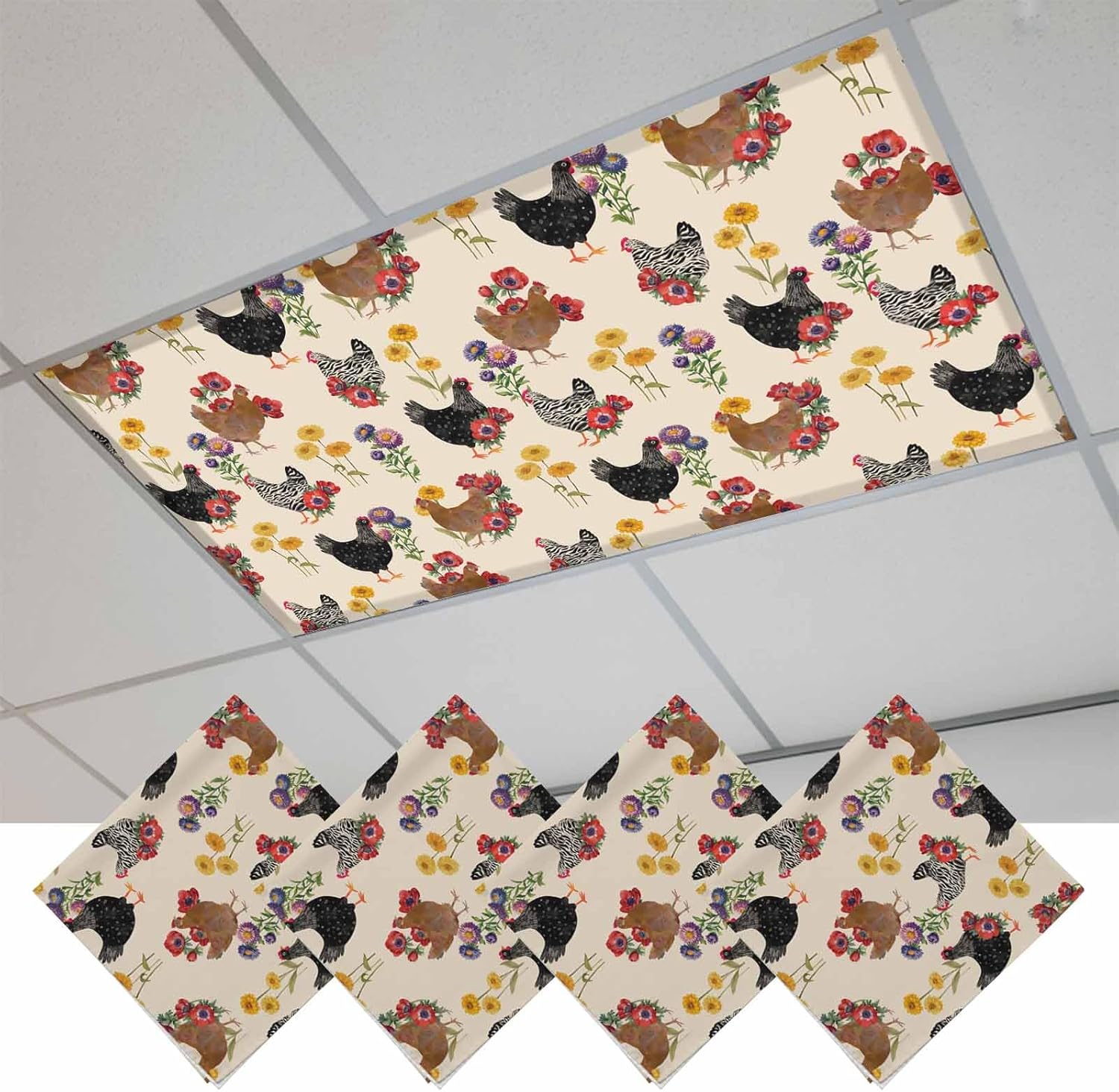 2x4 ft Fluorescent Light Cover for Ceiling Farm Chicken Colorful Poppy Magnetic Light Filters, Spring Floral on Beige Ceiling Lampshades for Home School Office 4Pcs