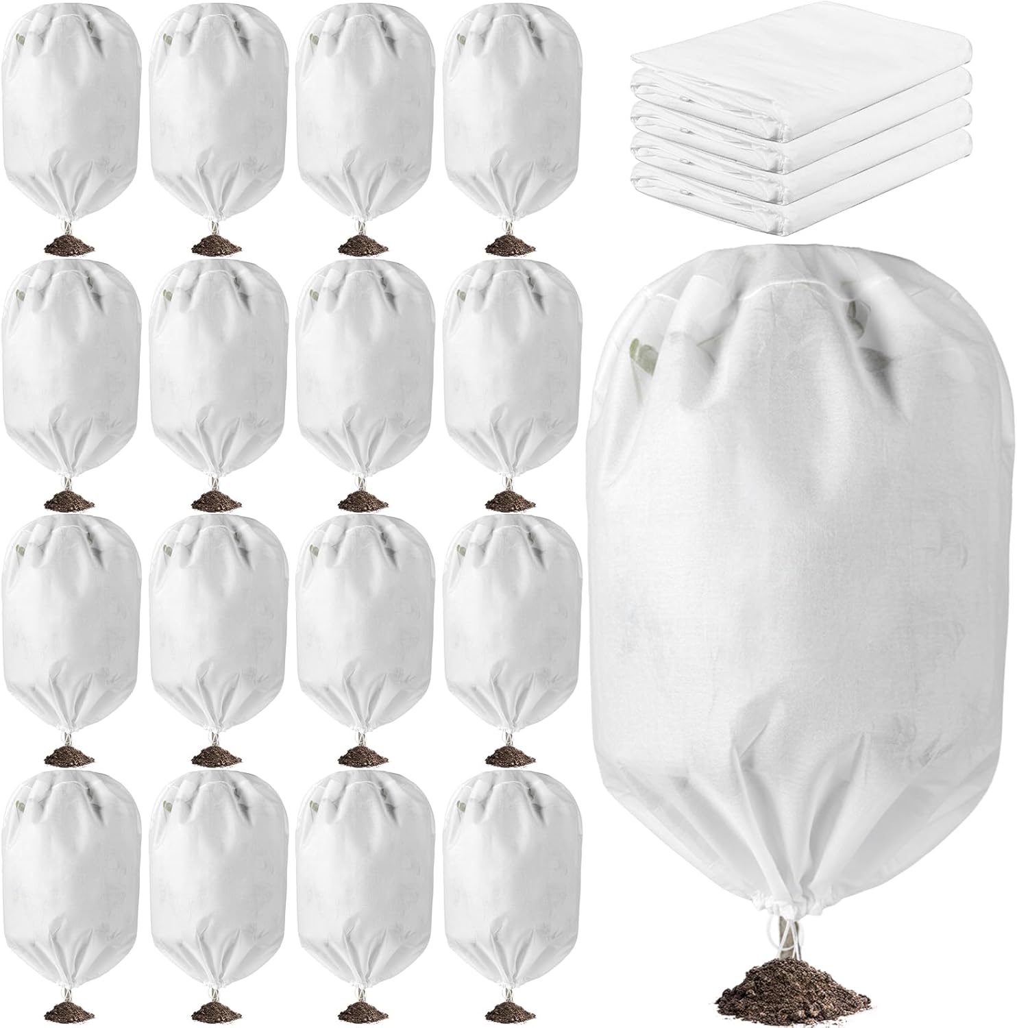 SATINIOR 16 Pcs 32 x 47 Inch Plant Covers Freeze Protection, Reusable Plant Protector Frost Cloth Warm Blankets, Winter Bush Tree Cover with Drawstring Outdoor (White)