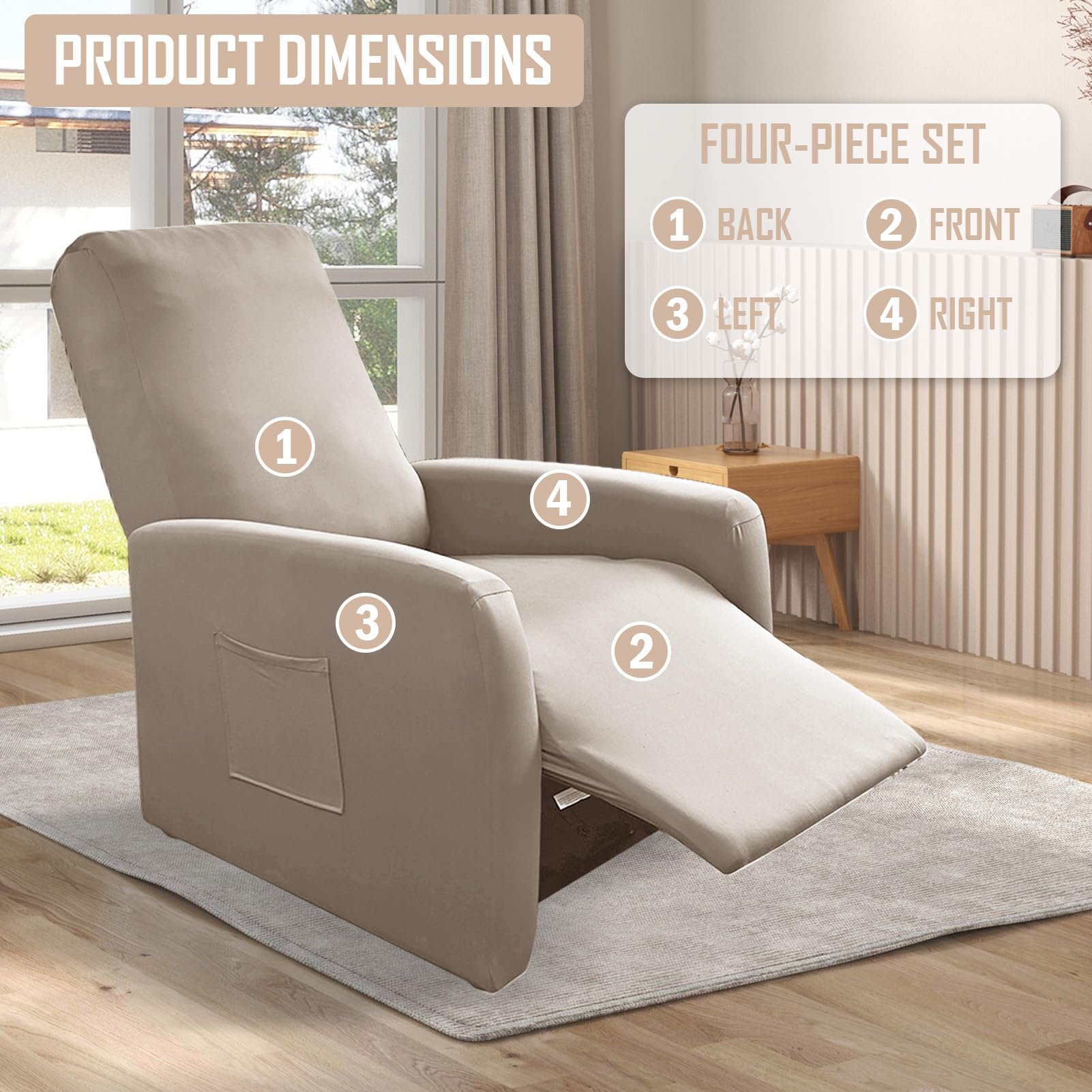 MeYuxg Copri Poltrona Relax Reclinabile a 1 Posto, Elasticizzato Copripoltrona Relax Reclinabile con Tasche, Impermeabile Copri Poltrona Totale, per Poltronas Relaxs e TV(Moka Chiaro, 4 Pezzi)