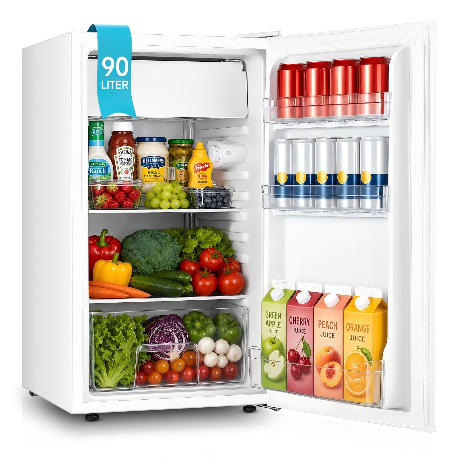 FOHERE Frigorifero Piccolo 90L, Frigorifero Monoporta con Fresh Zone, 7 Termostato Regolabile, Silenzioso, Scomparto per Verdure, Frigo da Ufficio, Camera, Bianco