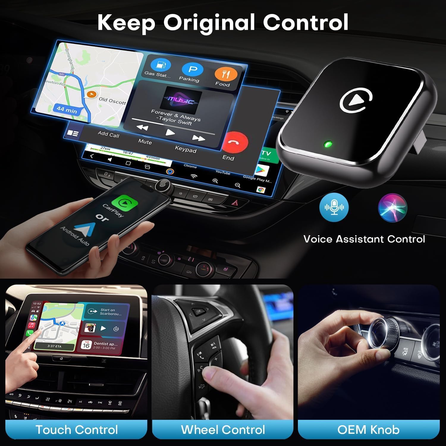 CarPlay sans Fil 2 en 1 pour Apple CarPlay/Android Auto,Mini Adaptateur sans Fil pour iPhone/Android et Plus de 927+ Voitures,Bluetooth 5.3 et WiFi 6,sans décalage,Plug and Play,Connexion Automatique