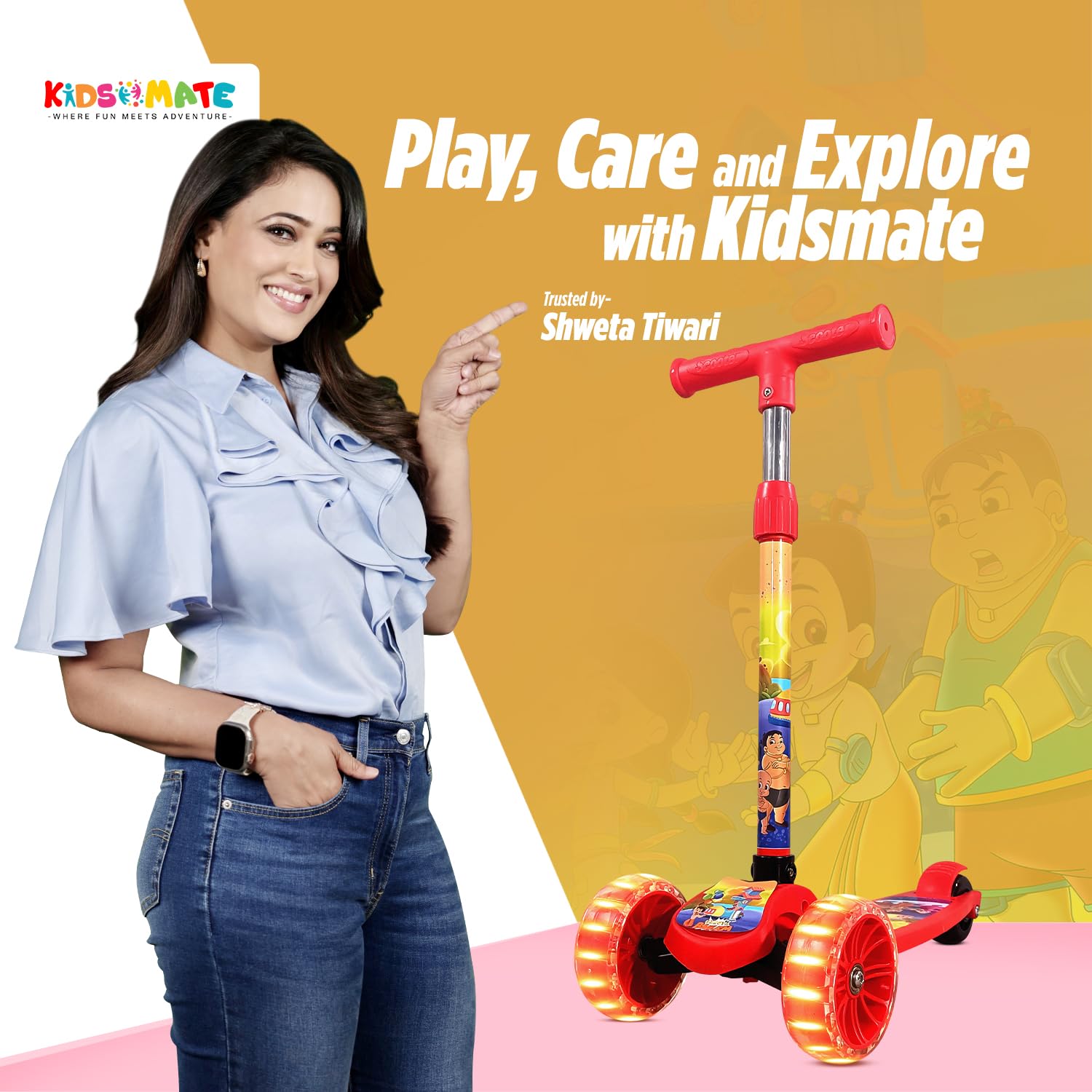 Kidsmate Chhota Bheem® Kick Scooter with Broad LED PVC Wheels | Non-Slip Wide Deck with Push Brake Kids Scooter for Age 3+ Yrs | 4-Level Height Adjustable | Max User Weight 50Kg - Red