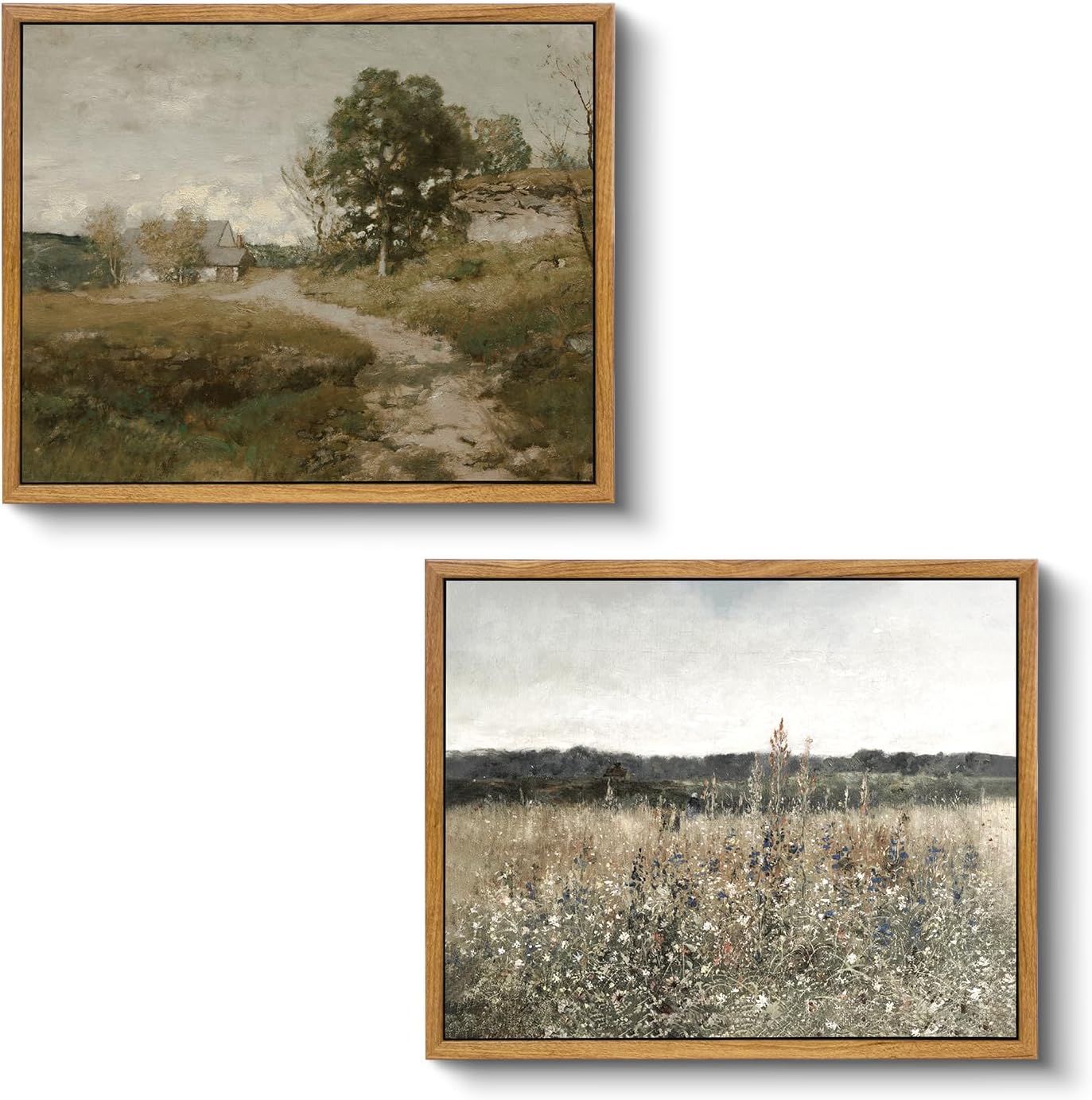 VIYYIEA 2 Pcs Framed Canvas Wall Art, Road and Flower Field Pictures Paintings, Living Room Bedroom Kitchen Vintage Country Farmhouse Decor, 9x11 Inch, Set of 2