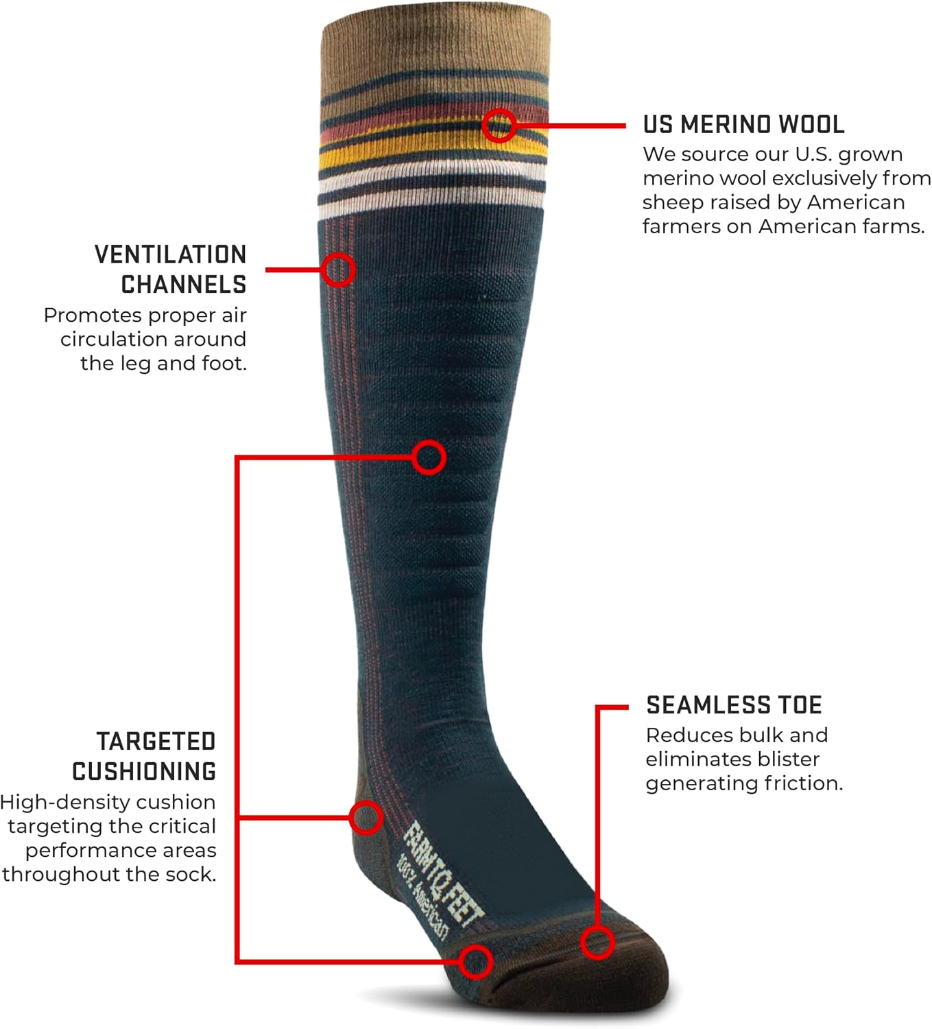Farm to Feet Kids Waitsfield 2.0 Snow Light Targeted Cushion OTC Merino Wool Socks