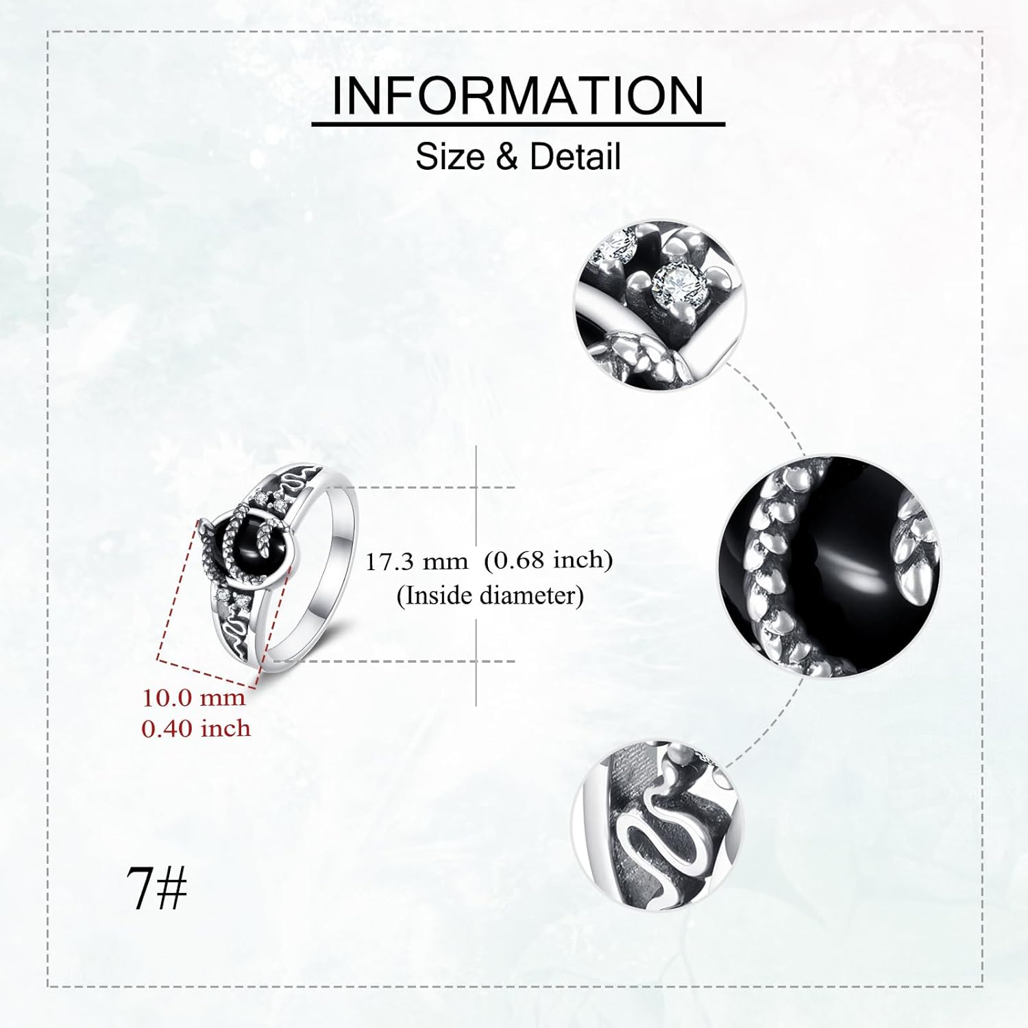 JERWL Snake Ring 925 Sterling Silver Obsidian Snake Rings for Women Vintage Jewelry Gifts