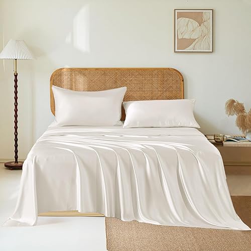 THXSILK Juego de sábanas de seda de morera de lujo, juego de 4 sábanas de seda de bolsillo profundo de 16 pulgadas, 1 sábana bajera, 1 sábana