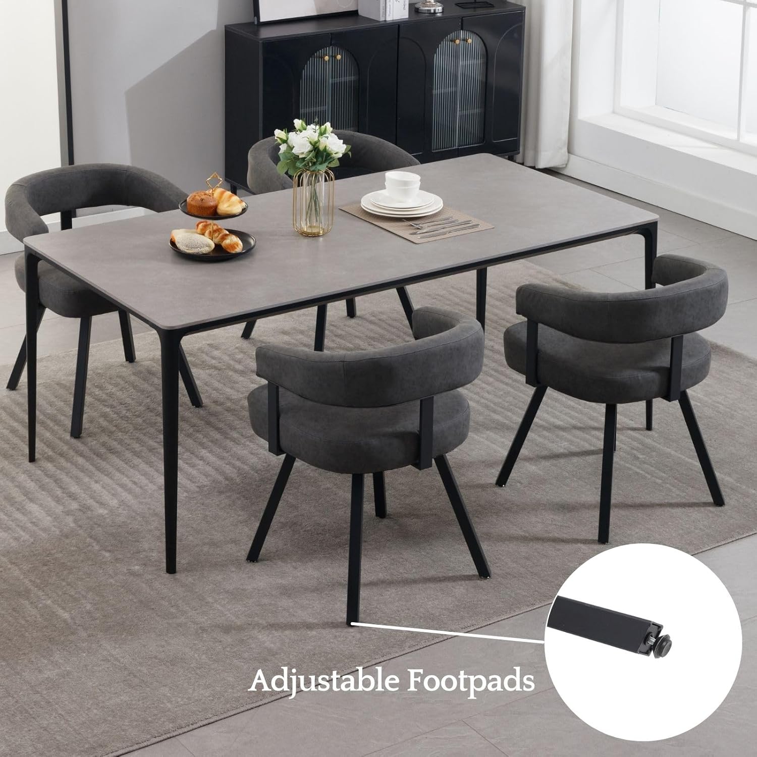 LukeAlon PU Leather Dining Chairs Set of 2, Simple Upholstered Side Chair with Padded Open Barrel Back Modern Guest Chair Home Office Desk Chair with Black Metal Legs for Kitchen Dining Room, Grey