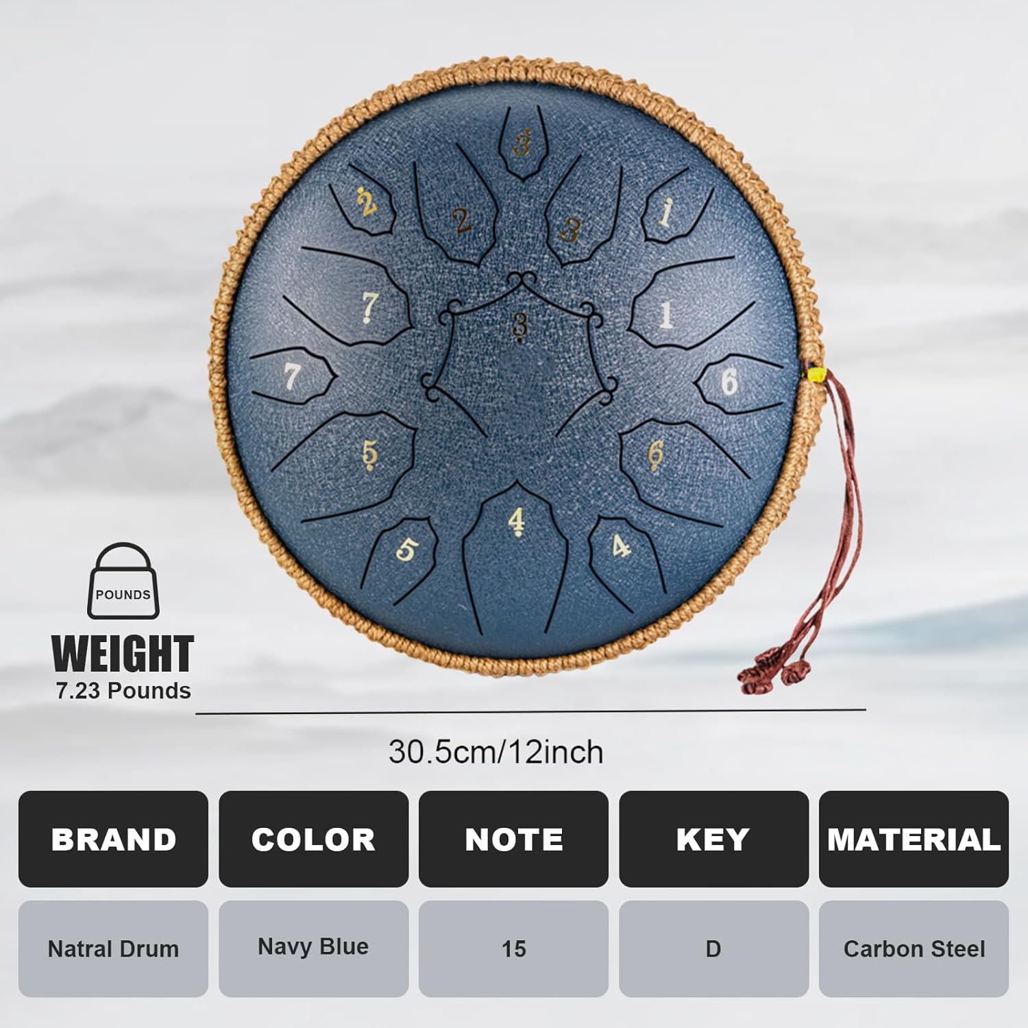 Steel Tongue Drum - 15 Note 12 Inch D Minor Tongue Drum, Adult's Steel Drum Instrument - Hand Pan Drums with Music Book, Steel Handpan Drum Mallets and Carry Bag