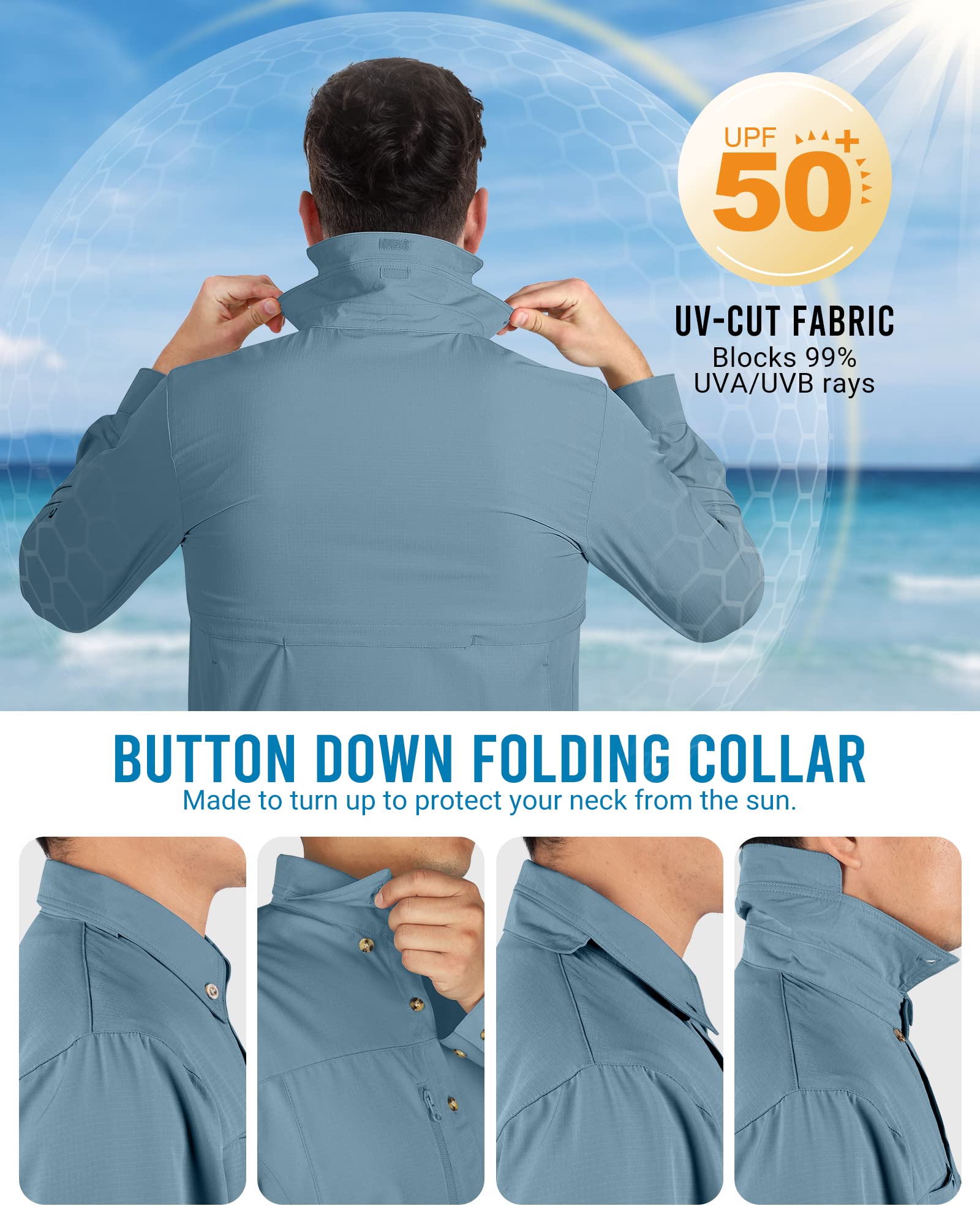 Camisa de manga larga para hombre, camisa de manga larga, de secado rápido, ligera, transpirable, protección UV 50+, con bolsillos, camisa de trabajo para pesca, correr, senderismo, camping