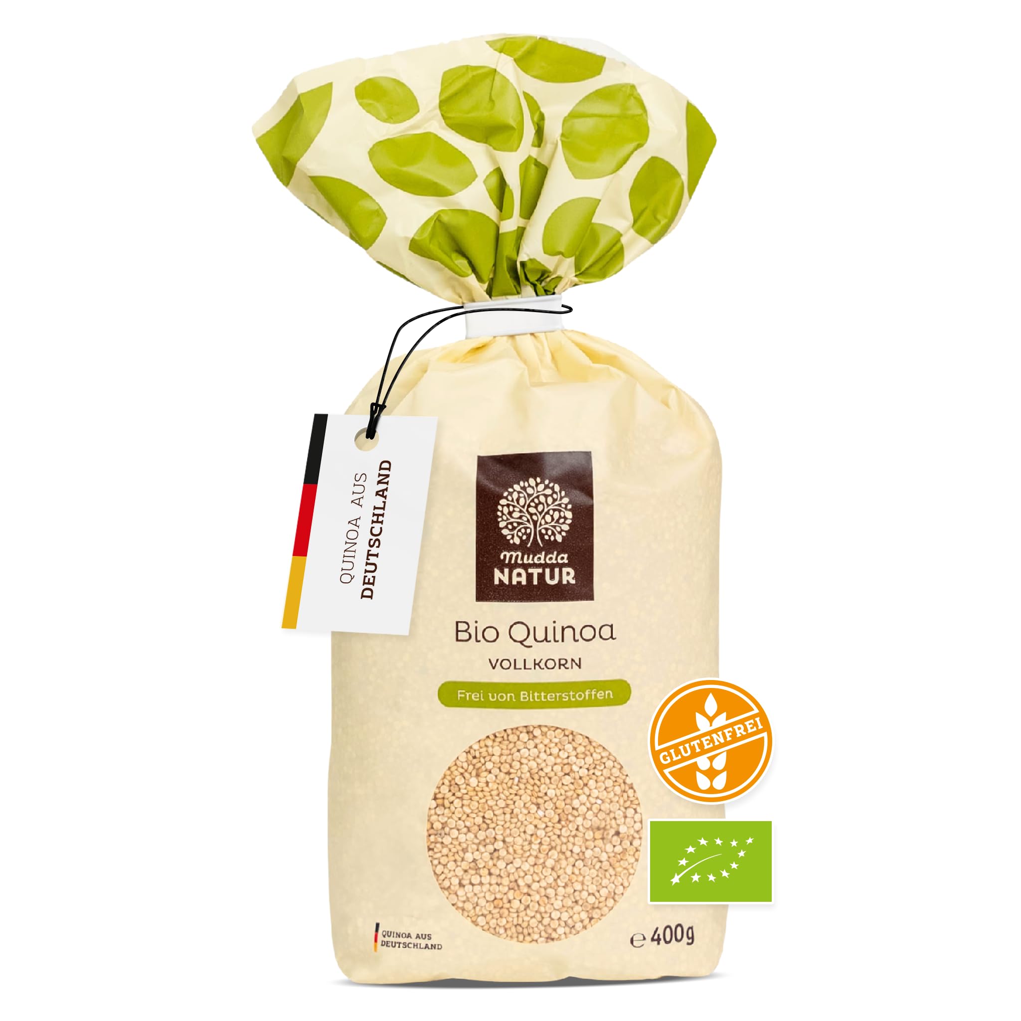 Mudda Natur Bio Vollkorn Quinoa (6x400g), angebaut in Deutschland - glutenfrei, vegan & frei von Bitterstoffen, ohne Waschen direkt kochen. Protein-, Eisen- & Ballaststoffquelle