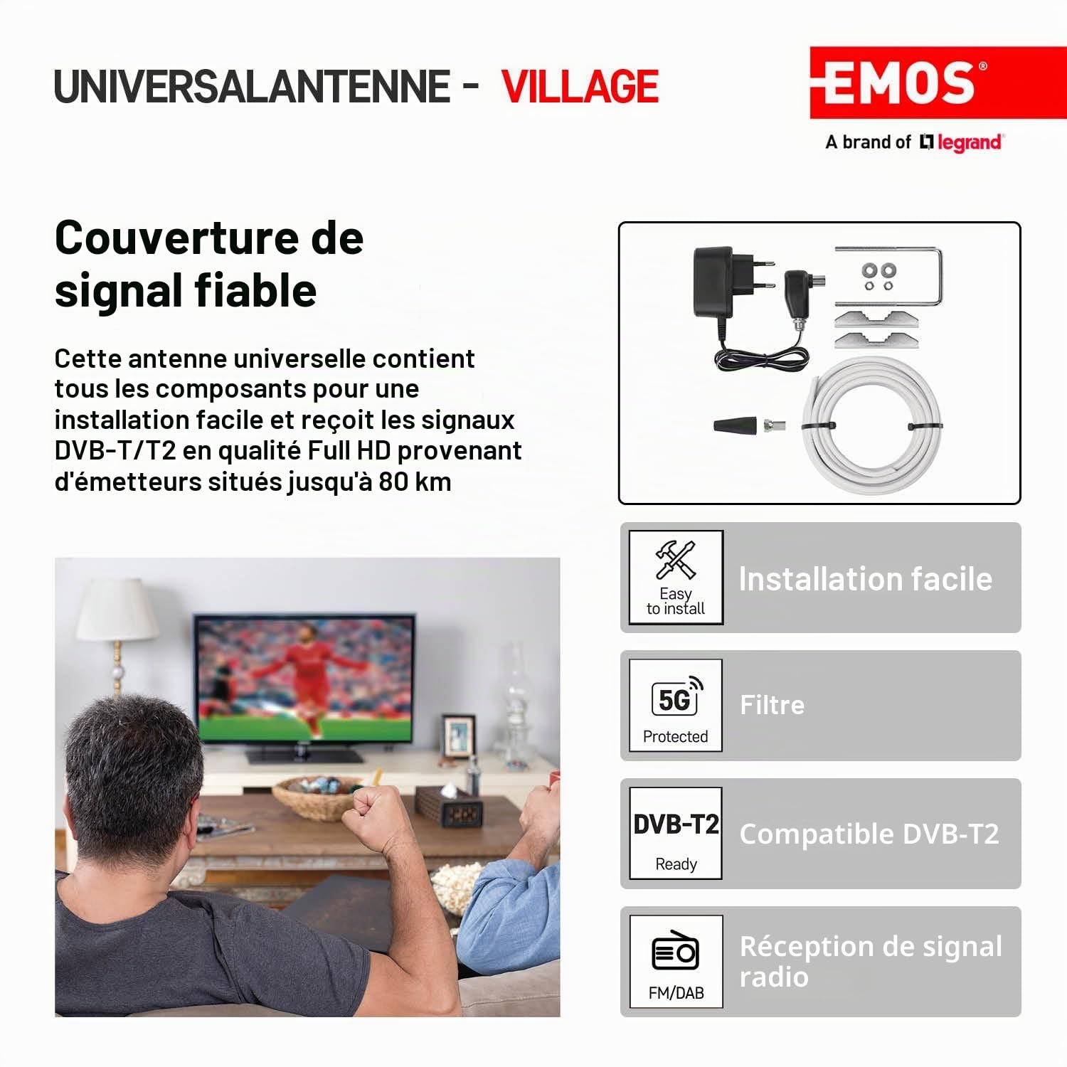 EMOS Antenne extérieure DVB-T2 avec amplificateur, antenne extérieure active pour une puissance maximale du signal, LTE et filtre 5G intégré, pour réception à distance 0-100 km, connexion au récepteur