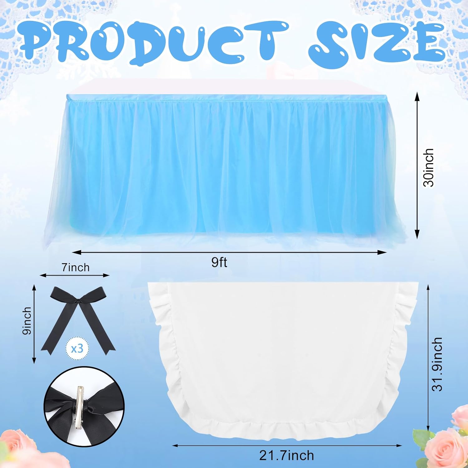 5 Pcs Wonderland Party Decorations Wonderland Table Cloth Blue Mesh Table Group, White Tablecloth Black Bow for Tea Party Celebrations Birthday Mother's Day