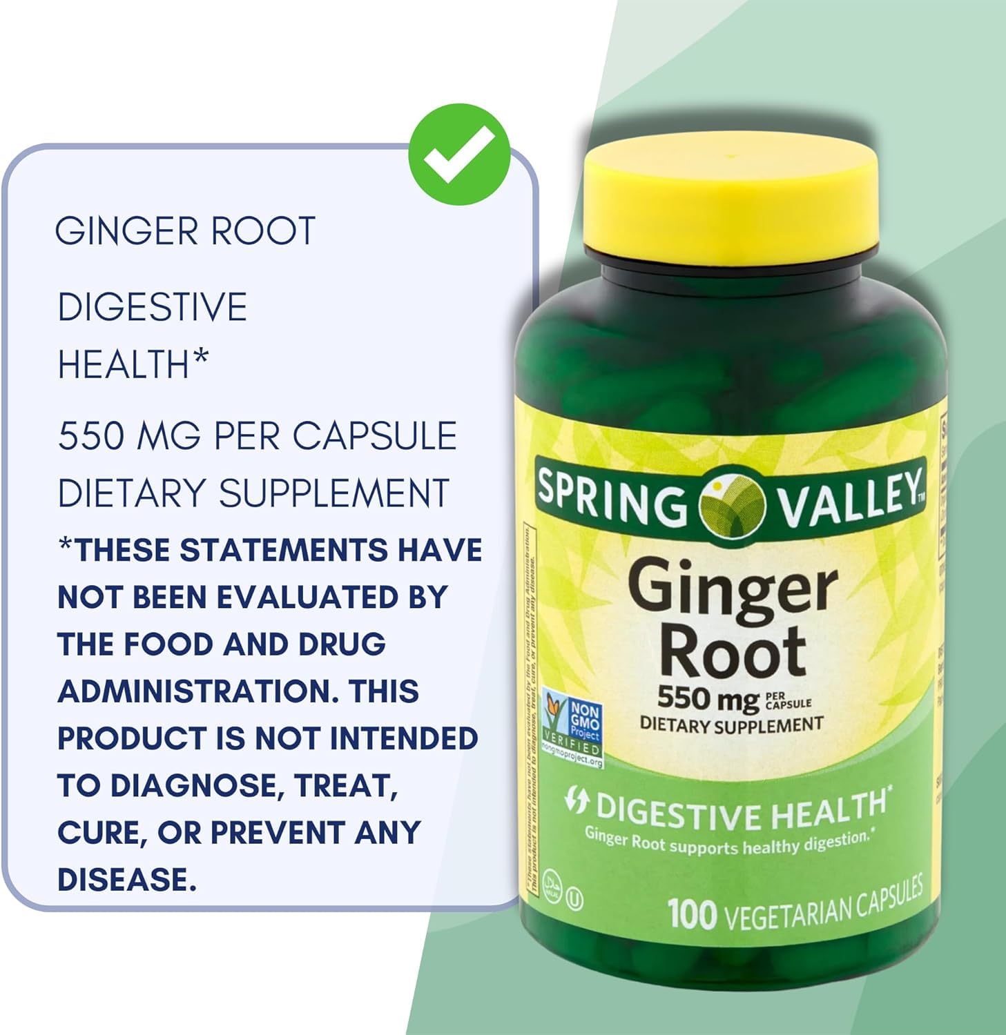 Spring Valley Ginger Root 550mg, Dietary Supplement Capsules, Digestive Health, 100 Count per Bottle (Pack of 2), Set with Basket Goods Store Polybag (1) : Health & Household