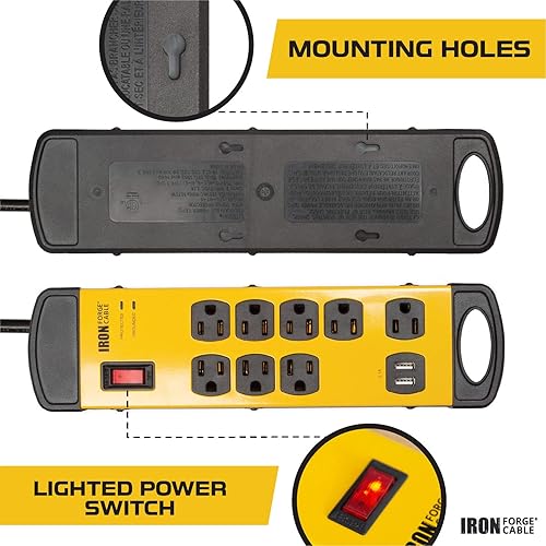 Miniatura 4 de Iron Forge Cable Multicontacto de 8 tomas con protector contra sobretensiones de alta resistencia y disyuntor integrado, 143 SJT negro y amarillo